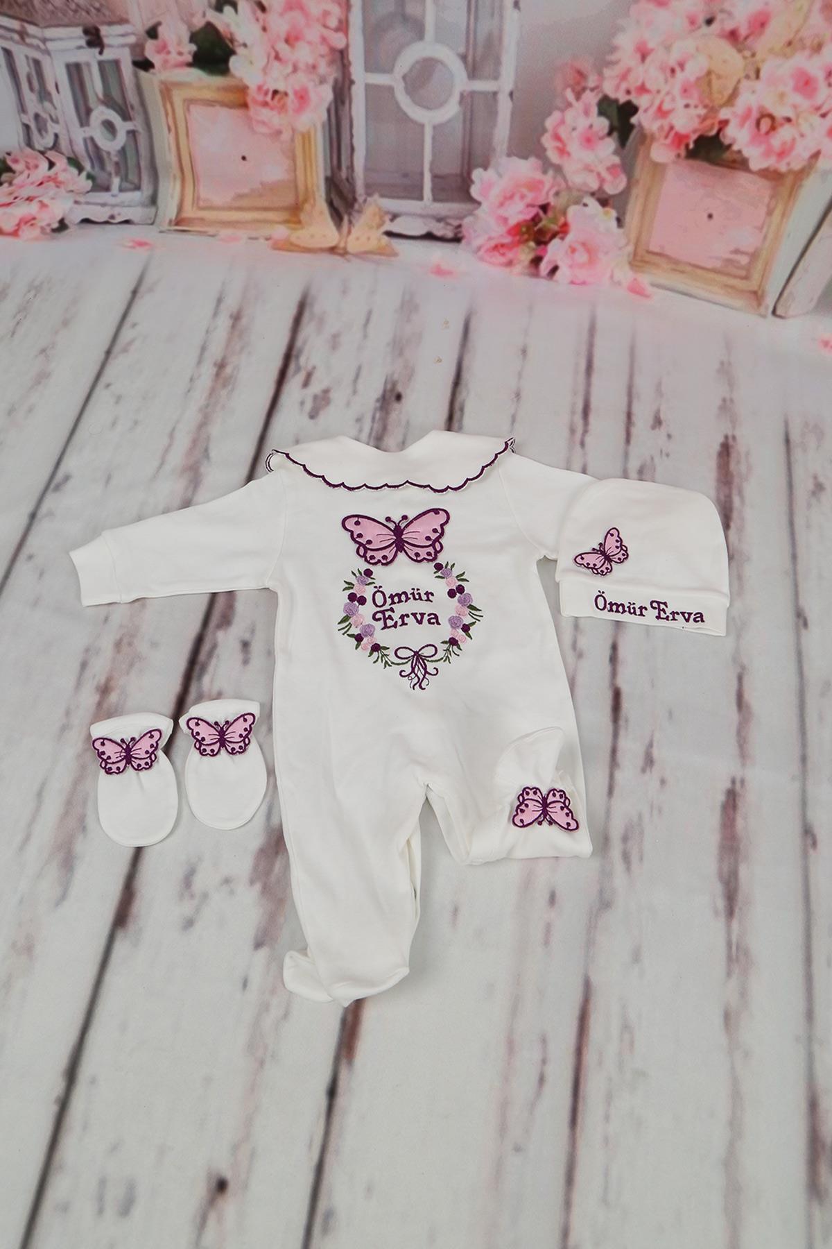 lh3156 İsme Özel Kelebek Nakışlı 3lü Hastane Çıkış Seti