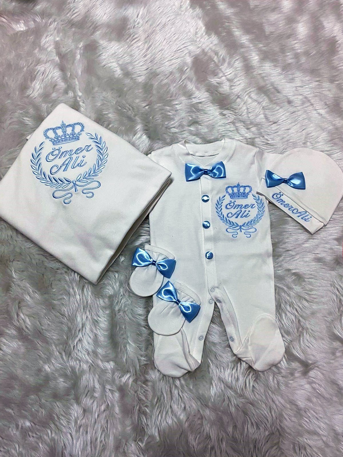 Lh4063 İsme Özel Tac Desenli Hastane Çıkışı 4lü Set