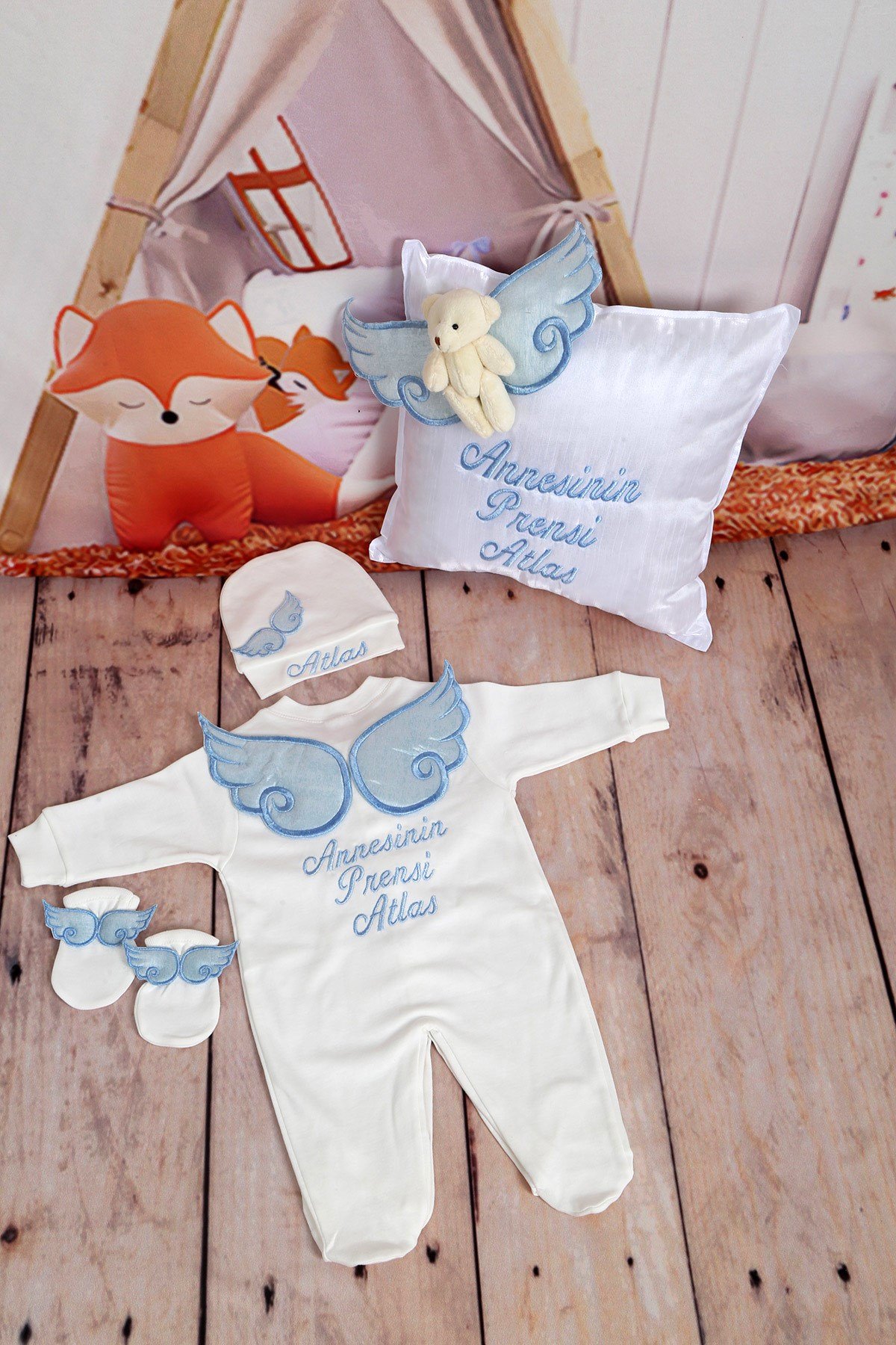 Lh4128 İsme Özel Mavi Ayıcık Yastıklı Hastane Çıkışı 4'lü set