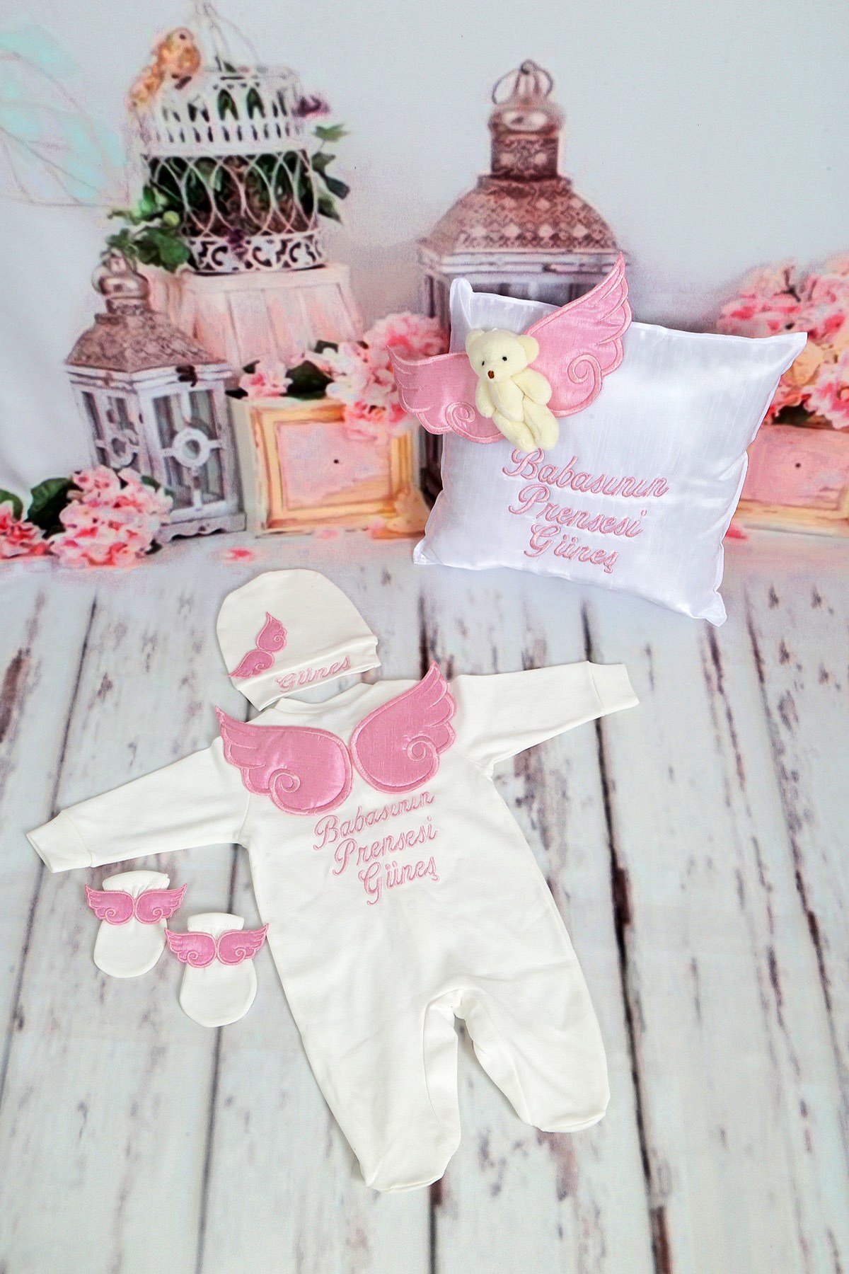 Lh4128 İsme Özel Pembe Ayıcık Yastıklı Hastane Çıkışı 4'lü set