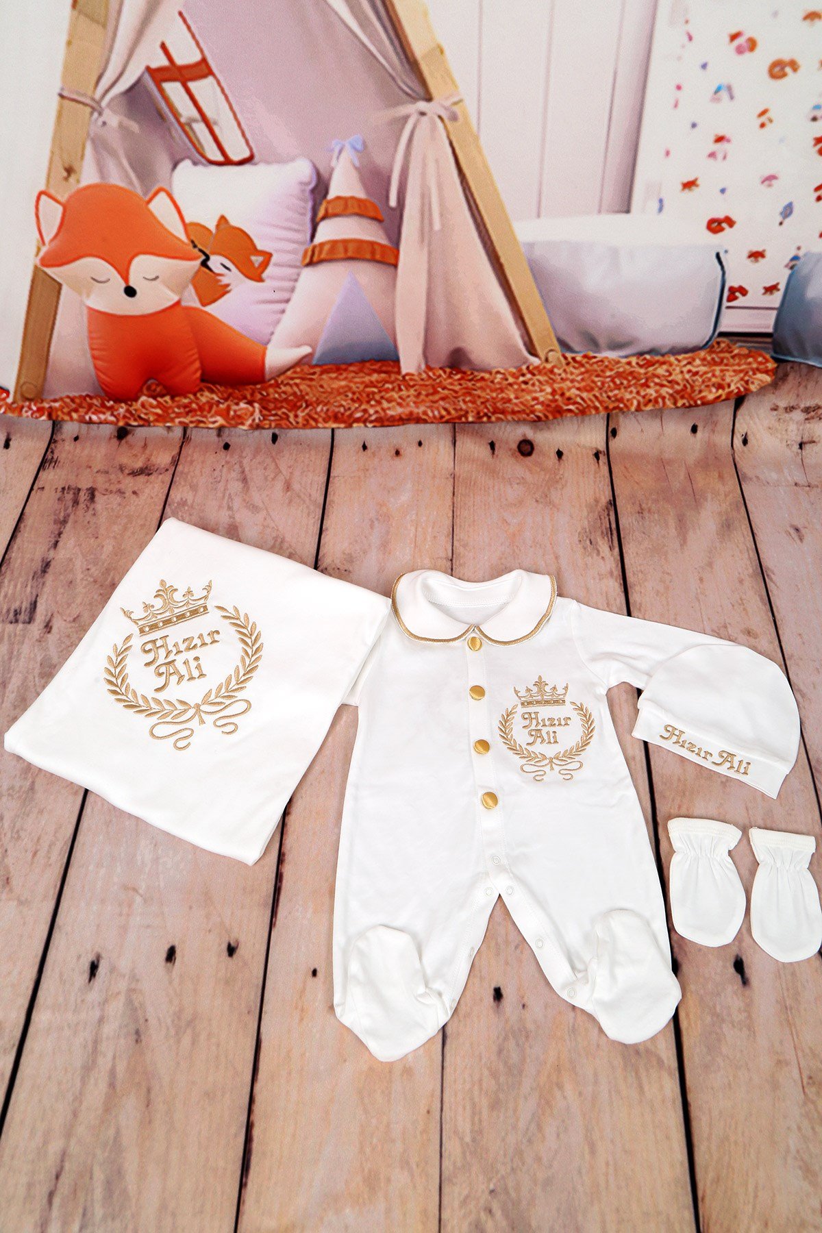 Lh4131 İsme Özel Yaka Detaylı Hastane Çıkışı 4'lü set