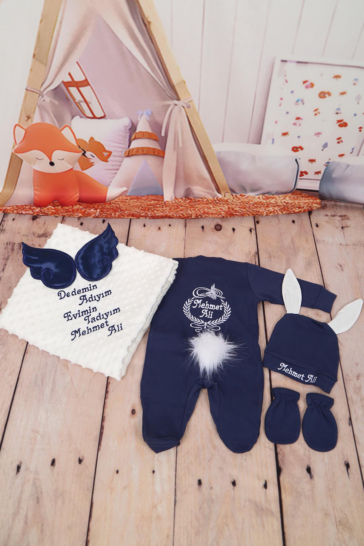 Lh4138 İsme Özel Tavşanlı Kanat Nakışlı 4lü Hastane Çıkış Set