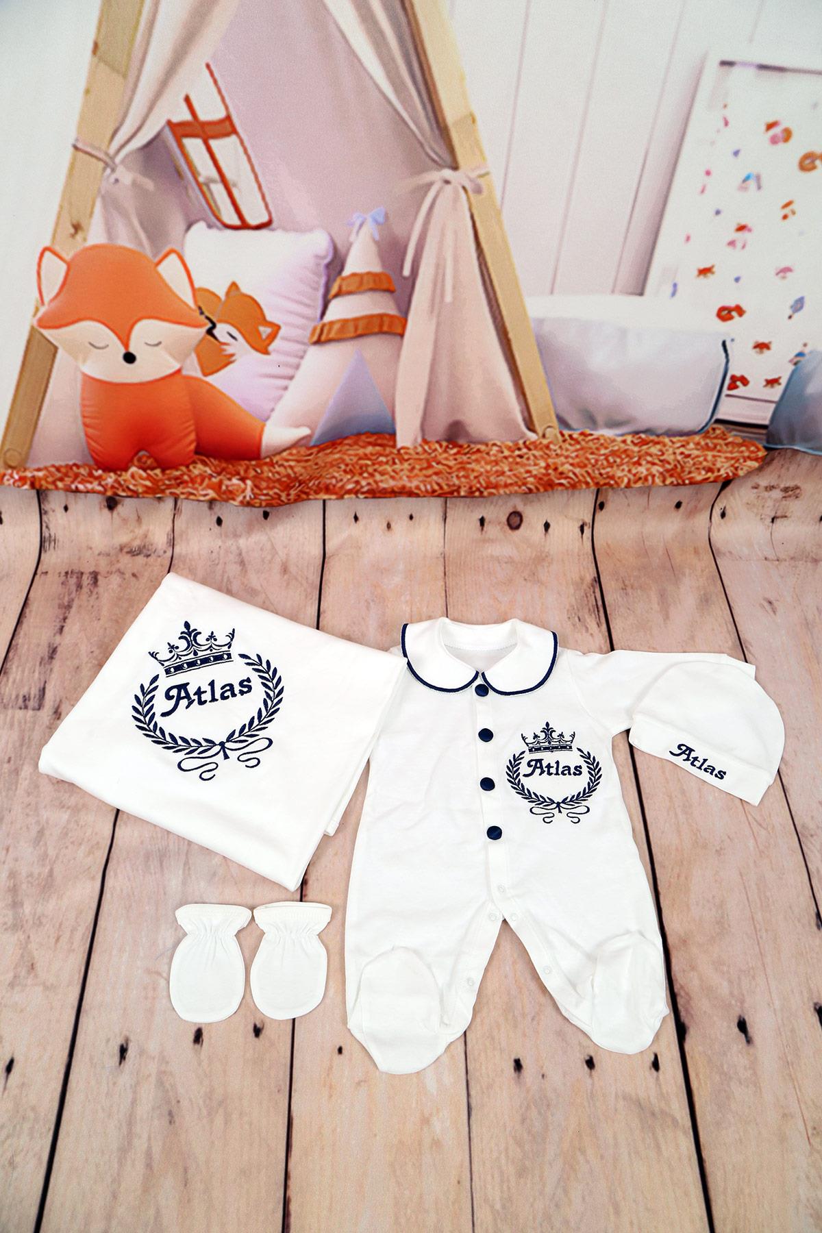 Lh4146 İsme Özel Yaka Detaylı Nakışlı 4lü Hastane Çıkış Set