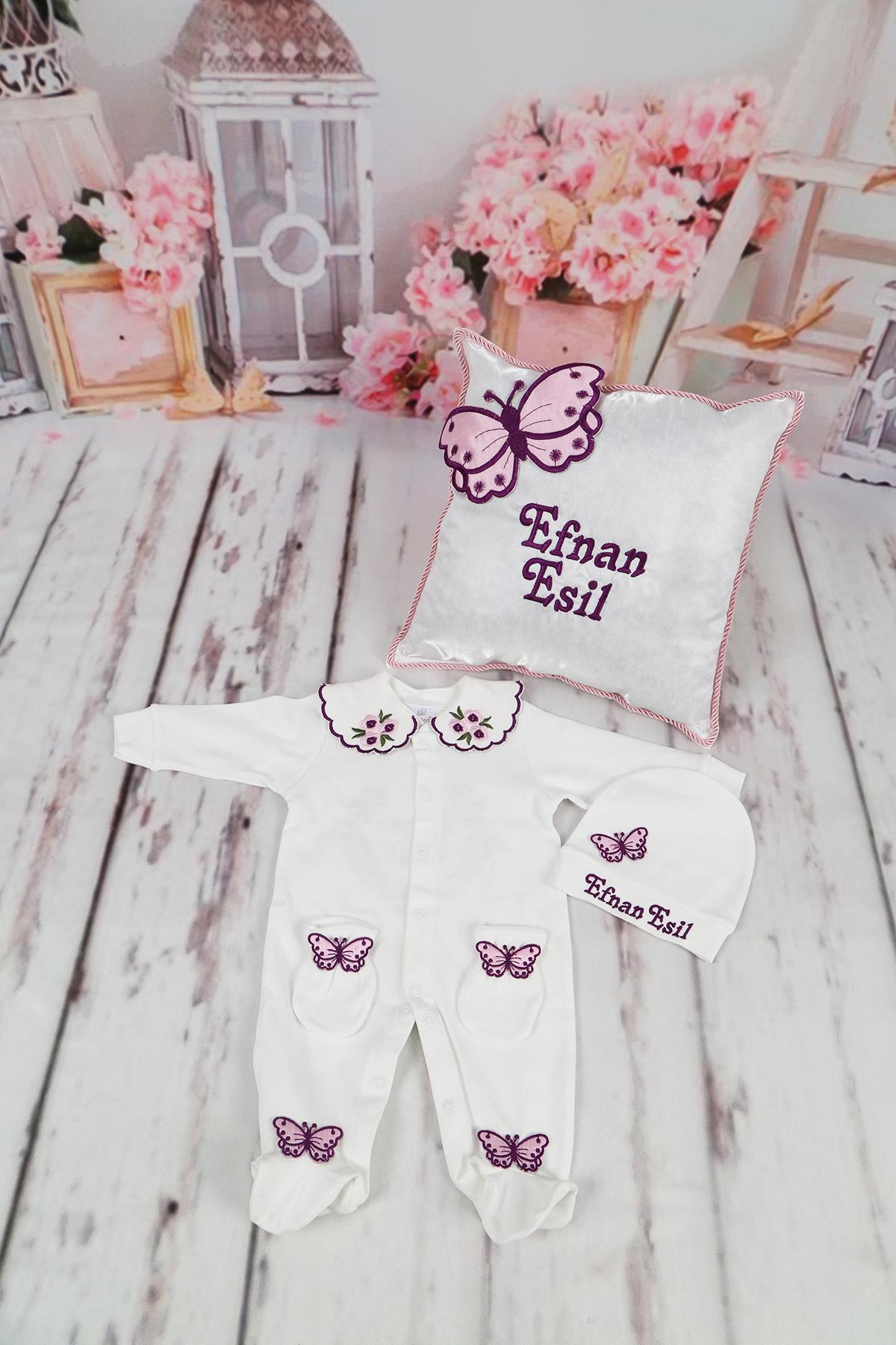 lh4152 İsme Özel Kelebek Nakışlı 4lü Hastane Çıkış Setİ