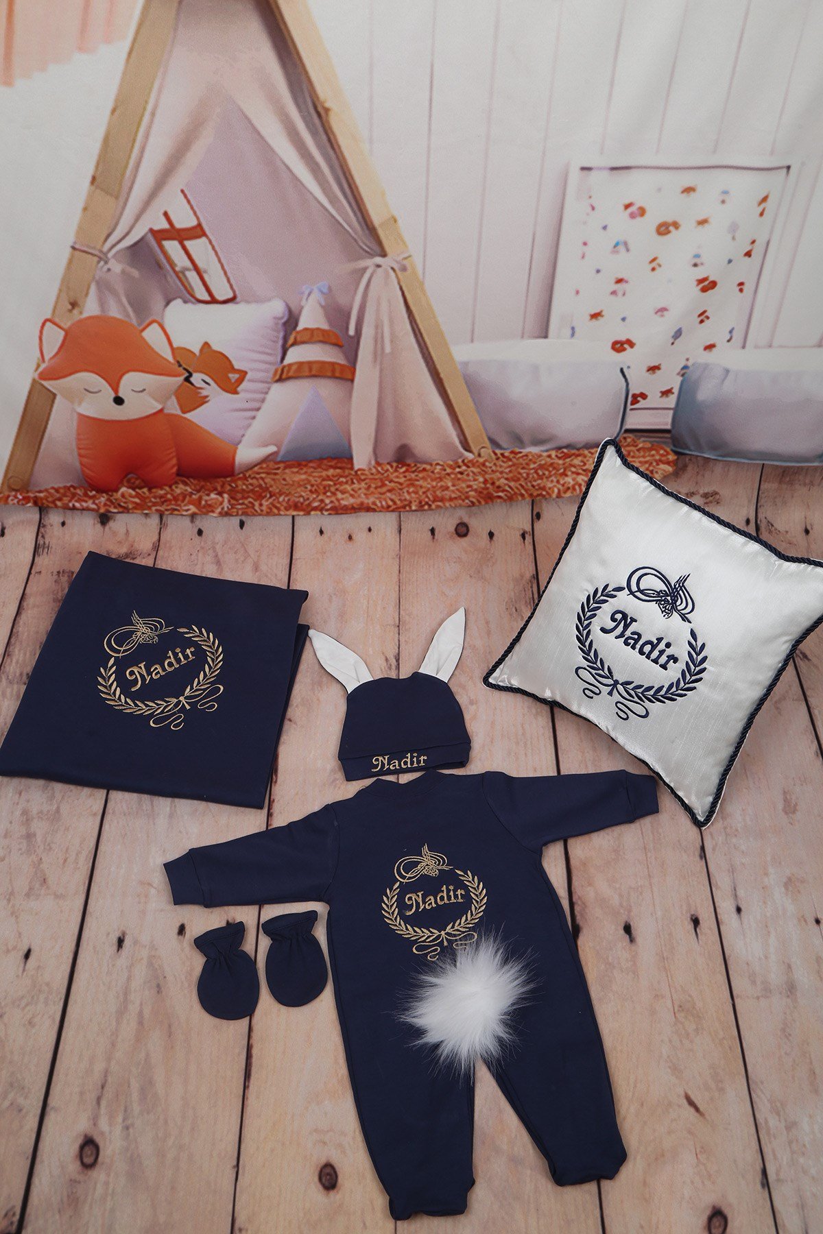 Lh5012 İsme Özel Tavşanlı Nakışlı Hastane Çıkışı Yastıklı 5li Set