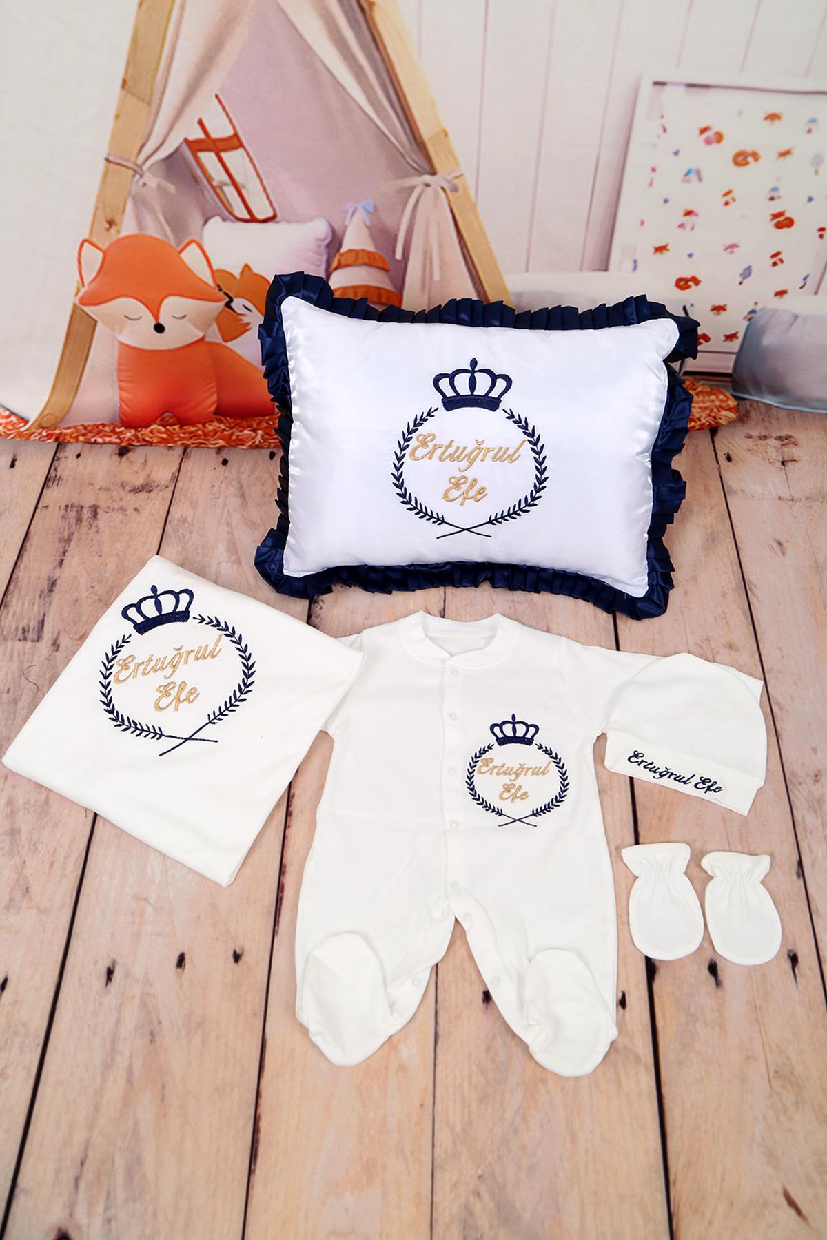 Lh4136 İsme Özel Çelenk Taç Nakışlı 5li Hastane Çıkış Set