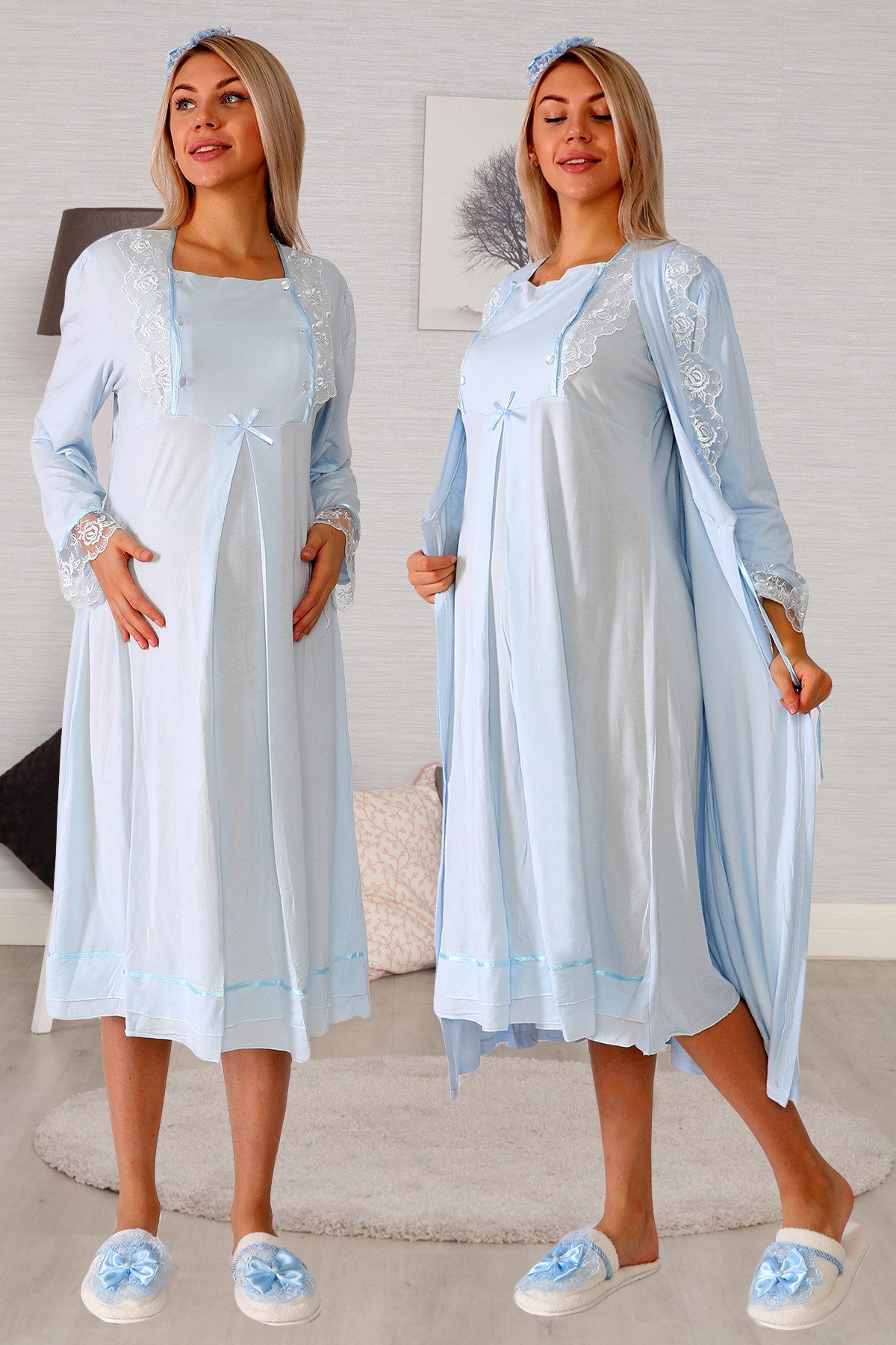 Lohusa Hamile 20121 Mavi Uzun Sabahlıklı Lohusa Gecelik Takımı