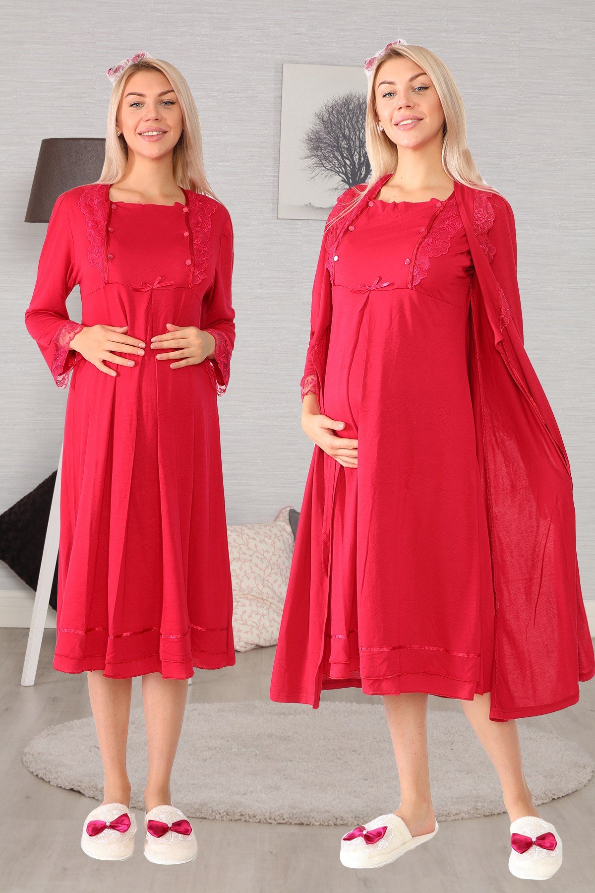 Lohusa Hamile 20121 Vişne Uzun Sabahlıklı Lohusa Gecelik Takımı