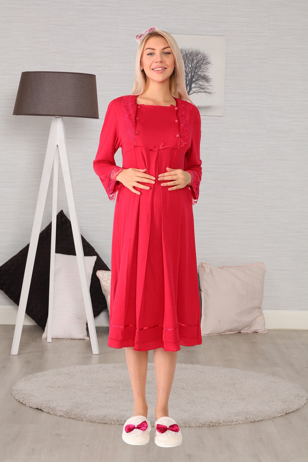 Lohusa Hamile 20121 Vişne Uzun Sabahlıklı Lohusa Gecelik Takımı