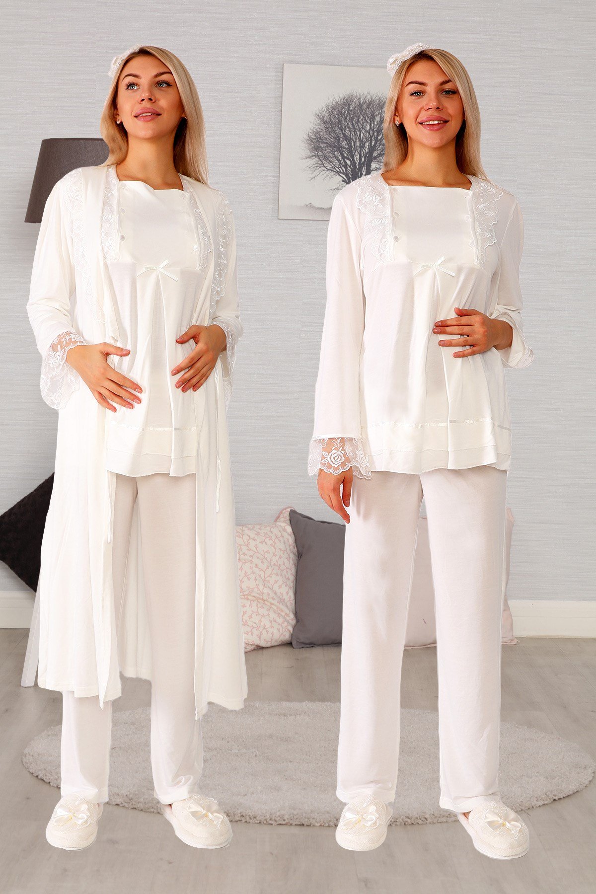 Lohusa Hamile 20124 Ekru Sabahlıklı Lohusa Pijama