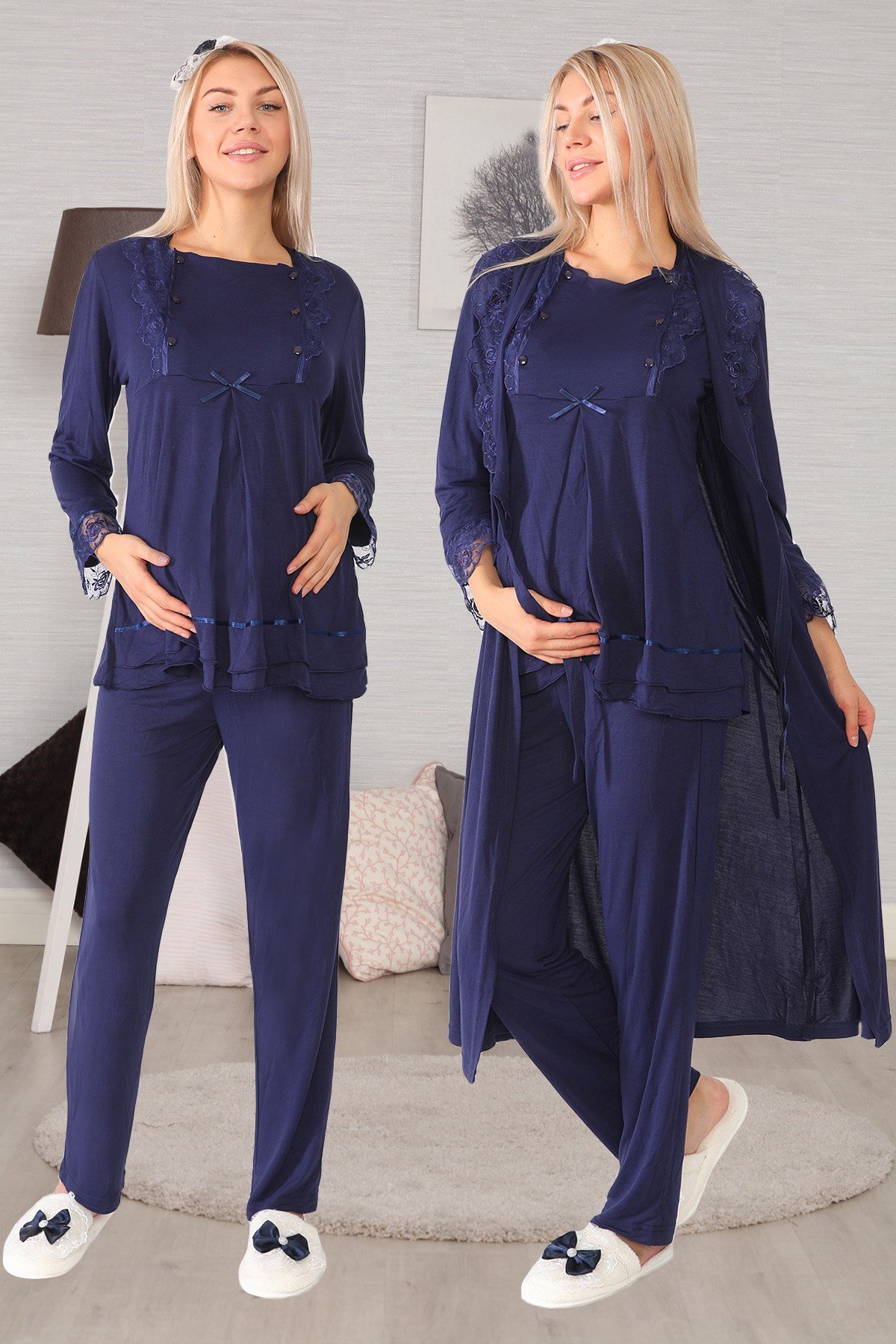 Lohusa Hamile 20124 Lacivert Sabahlıklı Lohusa Pijama