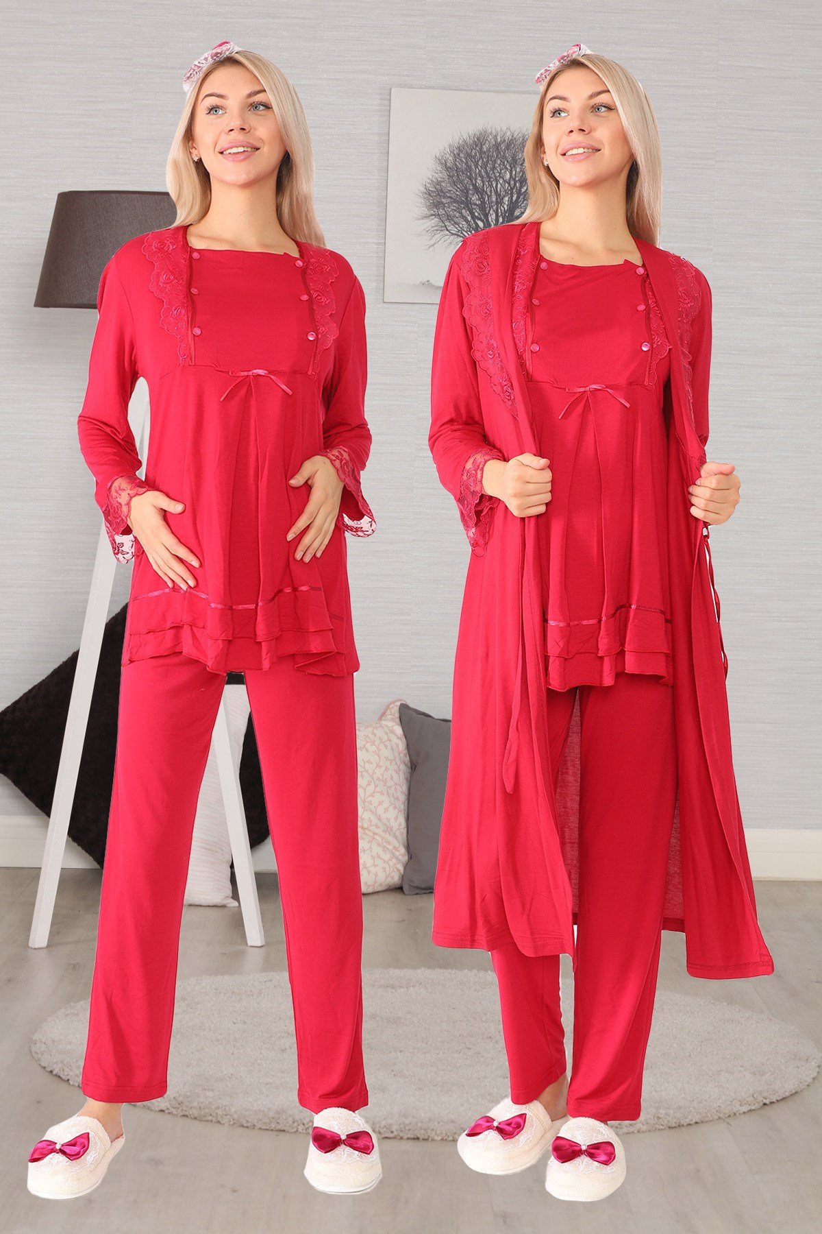 Lohusa Hamile 20124 Vişne Sabahlıklı Lohusa Pijama