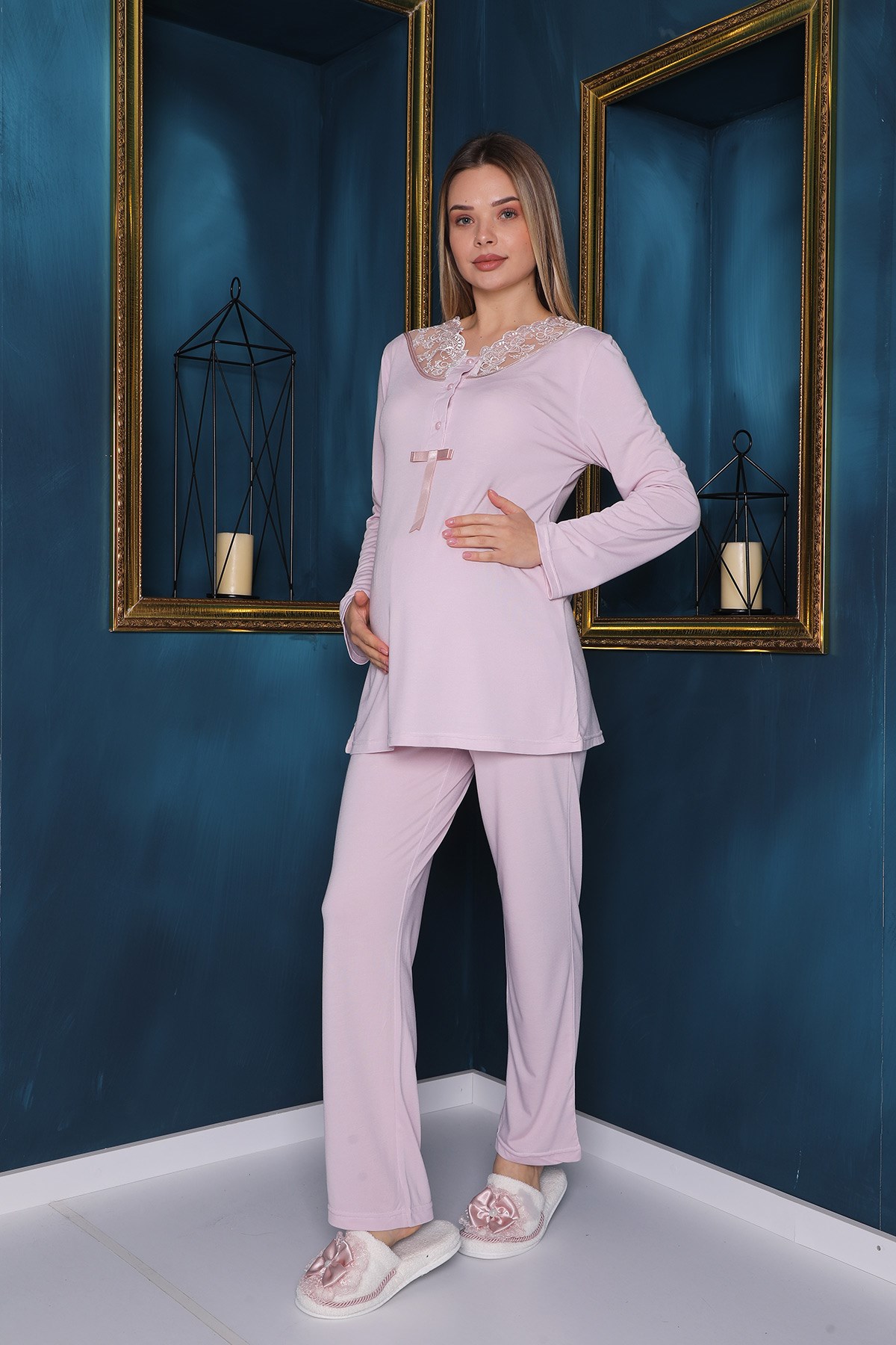 Lohusa Hamile 2332 Pudra Dantelli Lohusa Pijama Takımı