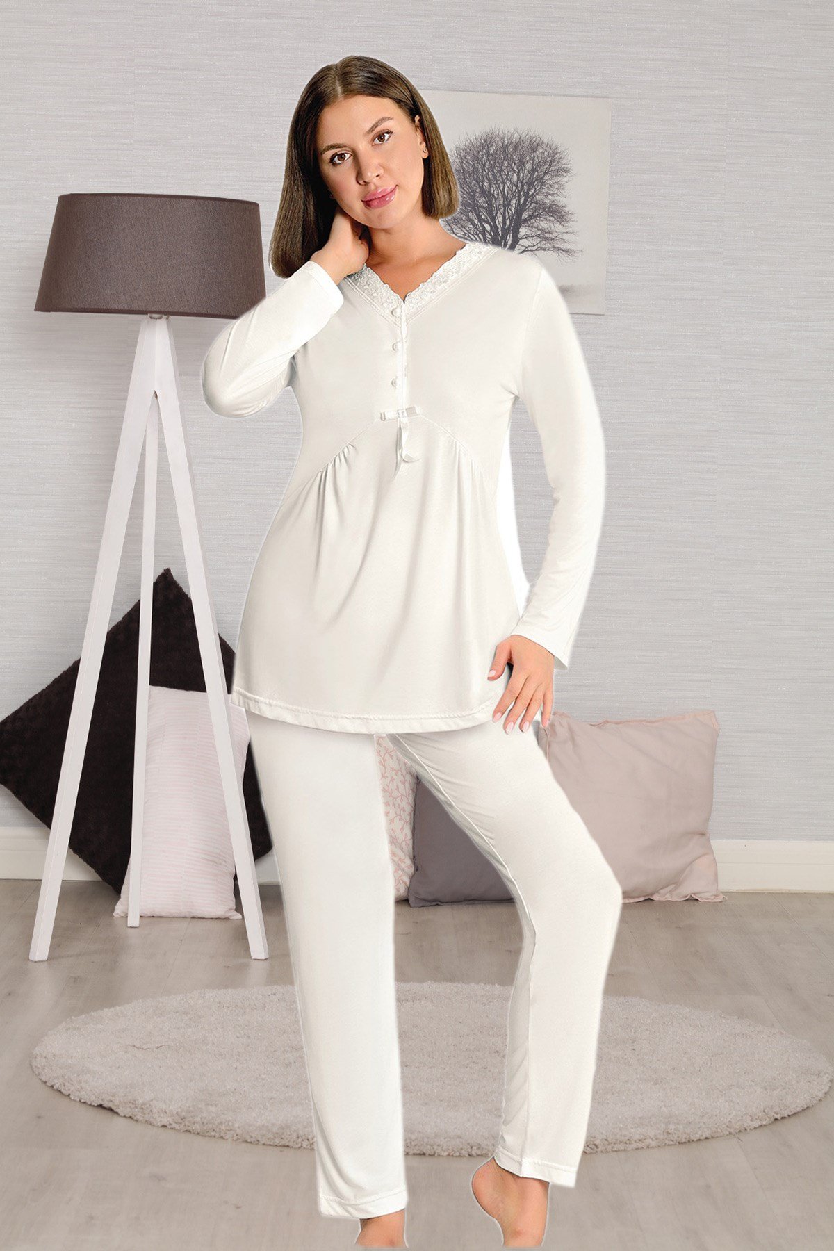 Lohusa Hamile 2351 Ekru Dantel Detaylı Lohusa Pijama Takımı