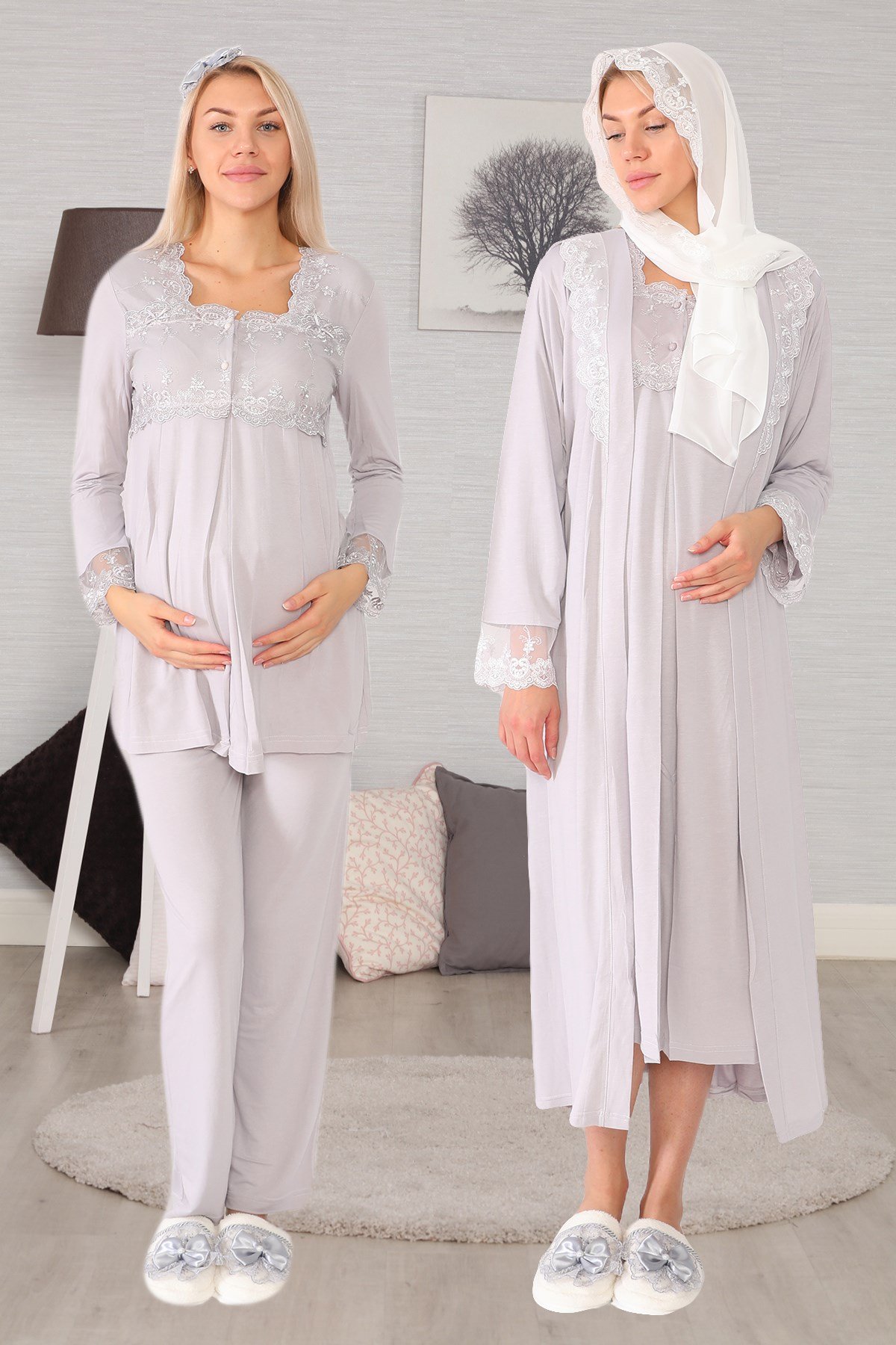 Lohusa Hamile 2406 Gri Tesettürlü Lohusa Hamile 7li Set
