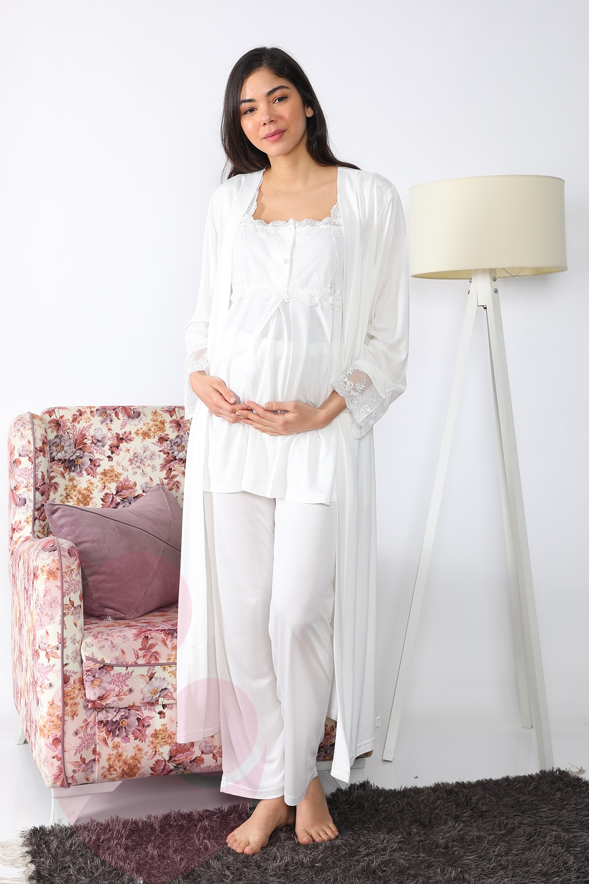 Lohusa Hamile 2501 Ekru Uzun Sabahlıklı Lohusa Pijama Takımı