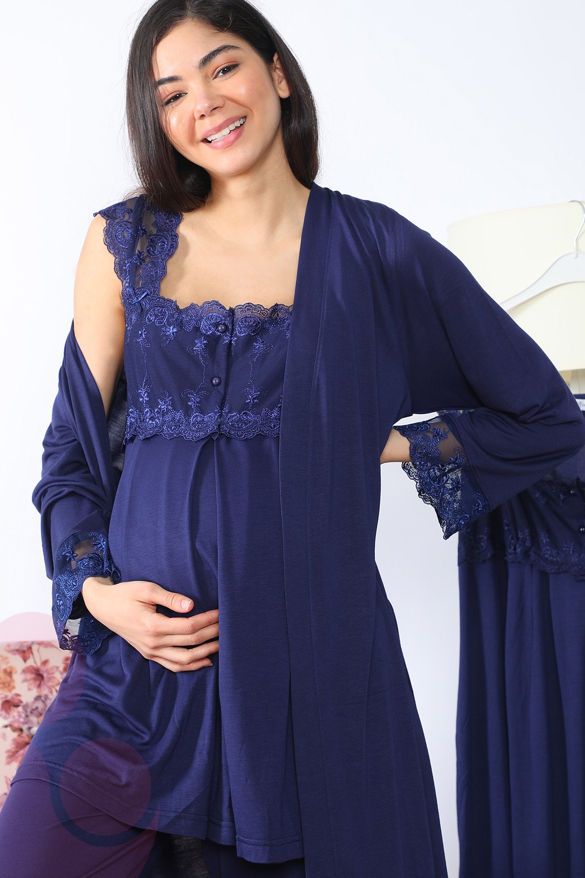 Lohusa Hamile 2501 Lacivert Uzun Sabahlıklı Lohusa Pijama Takımı