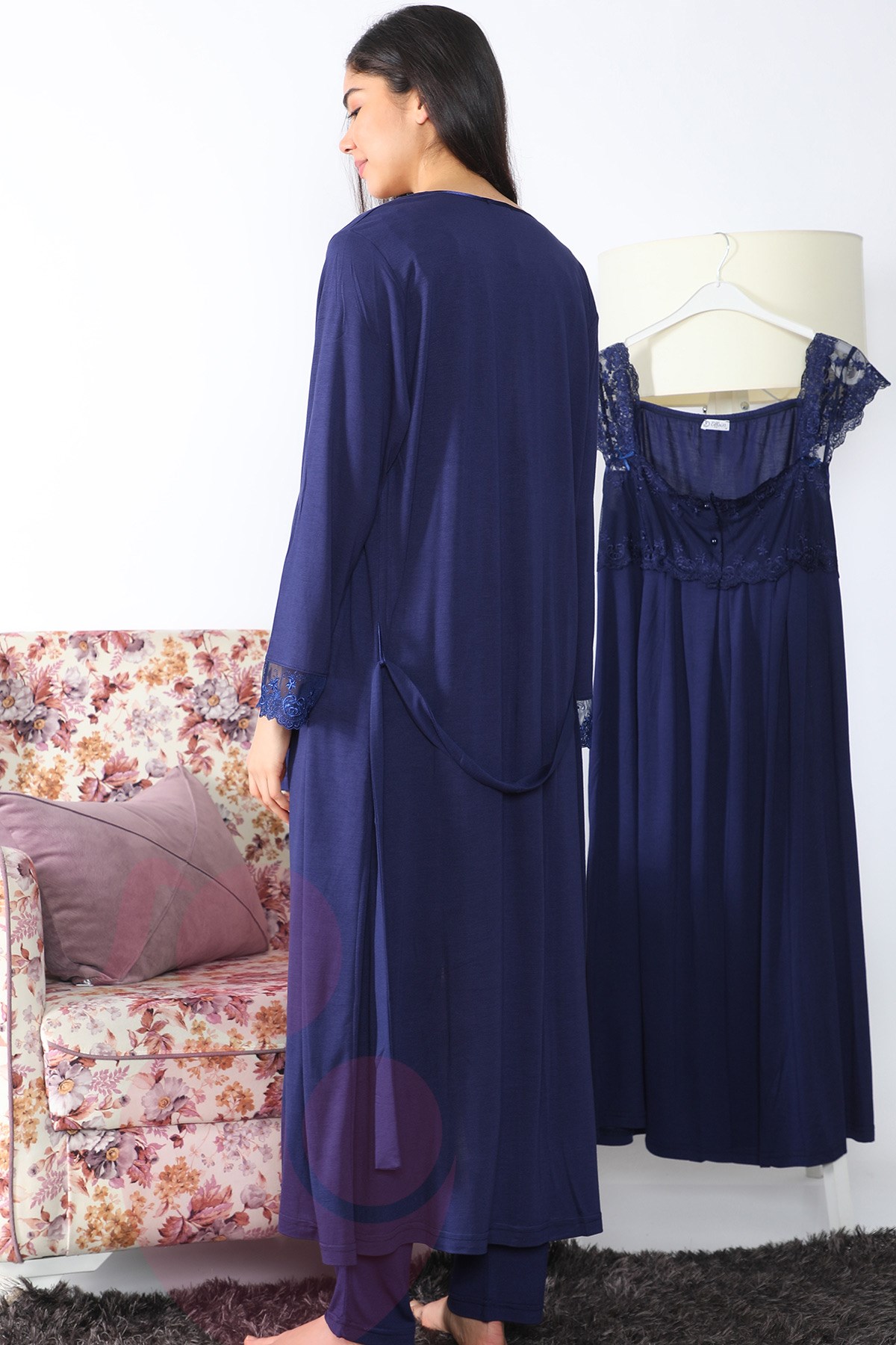 Lohusa Hamile 2501 Lacivert Uzun Sabahlıklı Lohusa Pijama Takımı