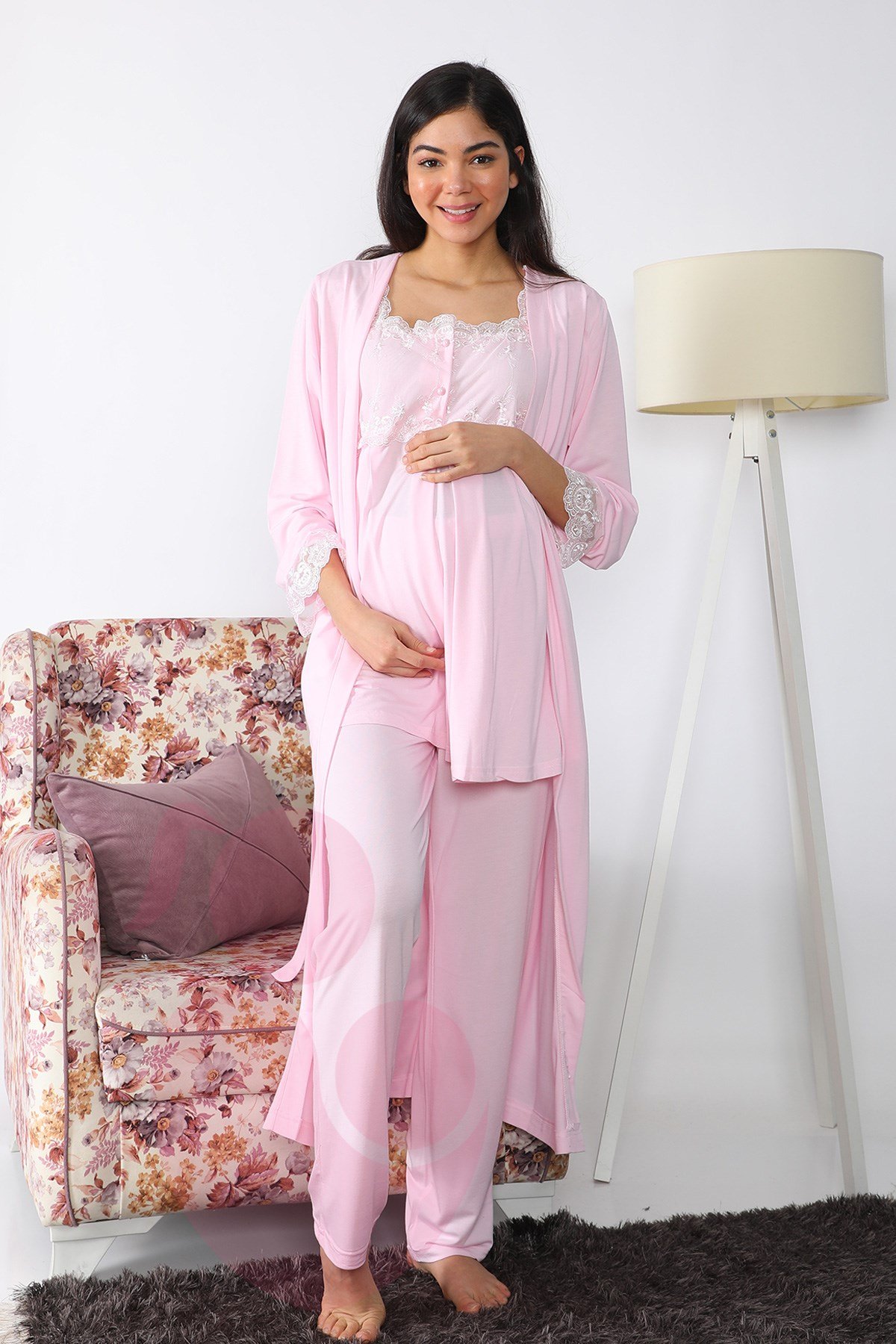 Lohusa Hamile 2501 Pembe Uzun Sabahlıklı Lohusa Pijama Takımı