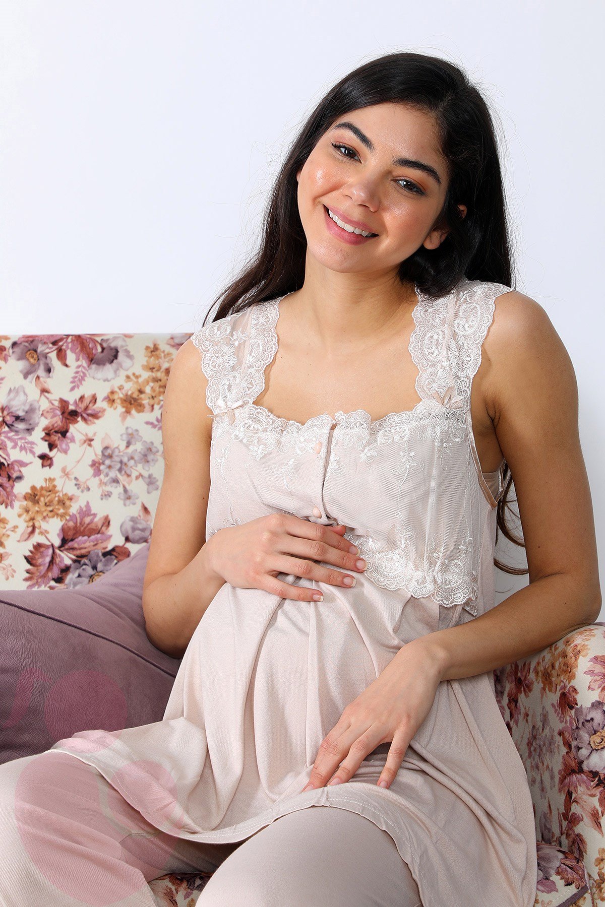 Lohusa Hamile 2501 Sütlü Kahve Uzun Sabahlıklı Lohusa Pijama Takımı