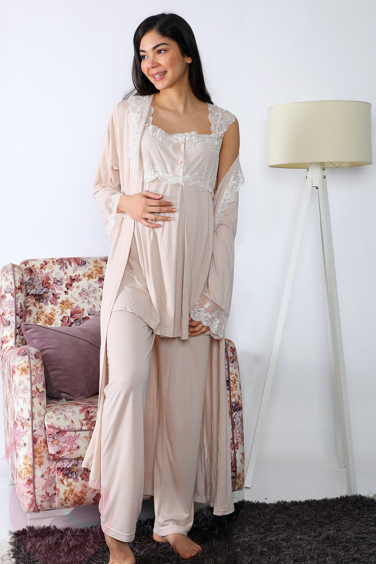 Lohusa Hamile 2501 Sütlü Kahve Uzun Sabahlıklı Lohusa Pijama Takımı