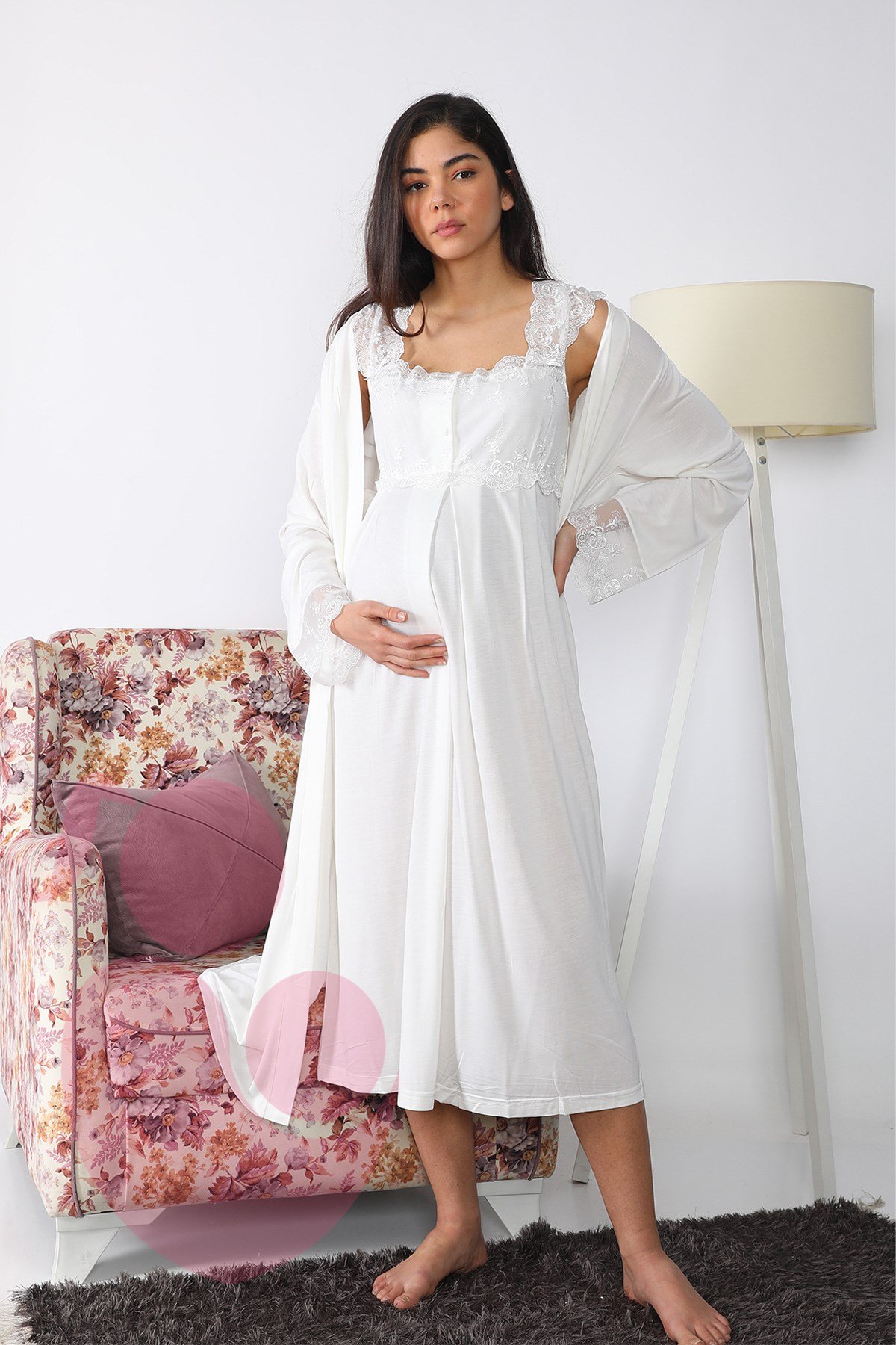 Lohusa Hamile 2502 Ekru Uzun Sabahlıklı Lohusa Gecelik Takımı