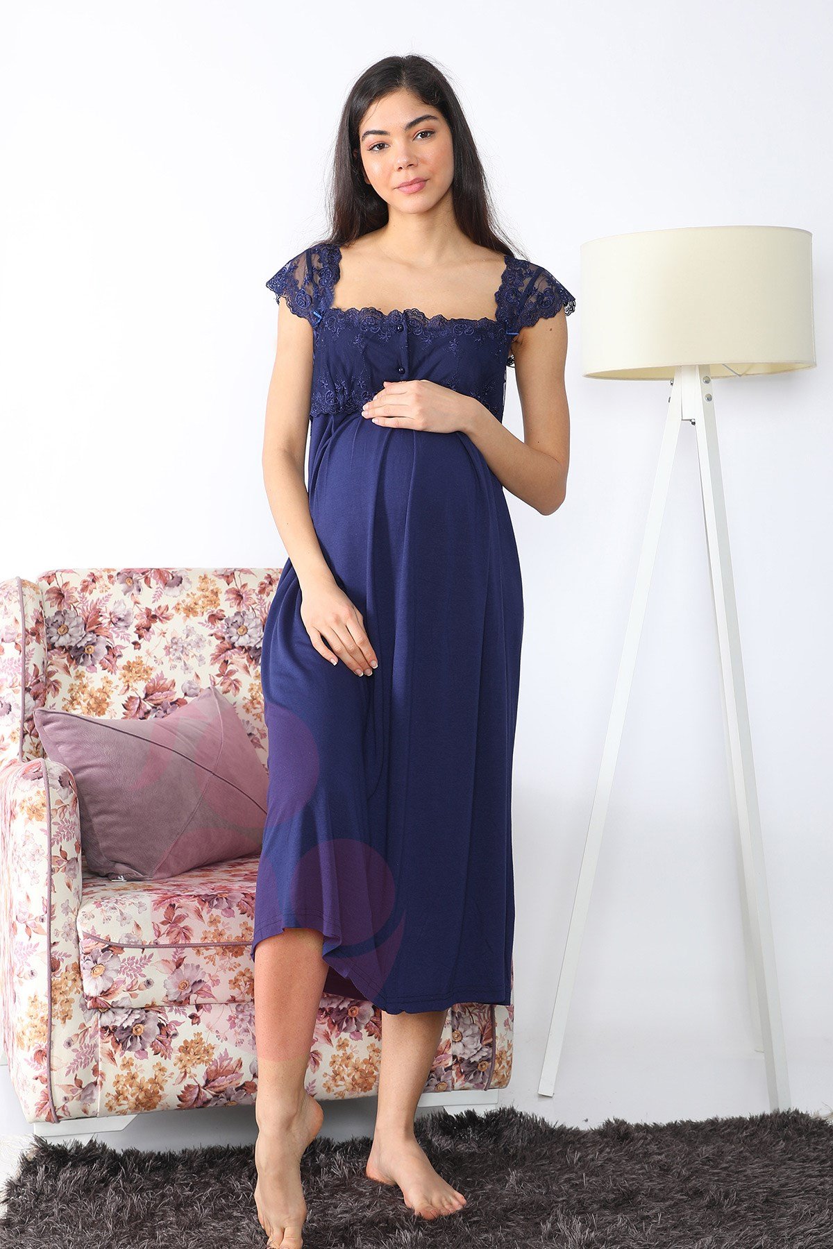 Lohusa Hamile 2502 Lacivert Uzun Sabahlıklı Gecelik Takımı