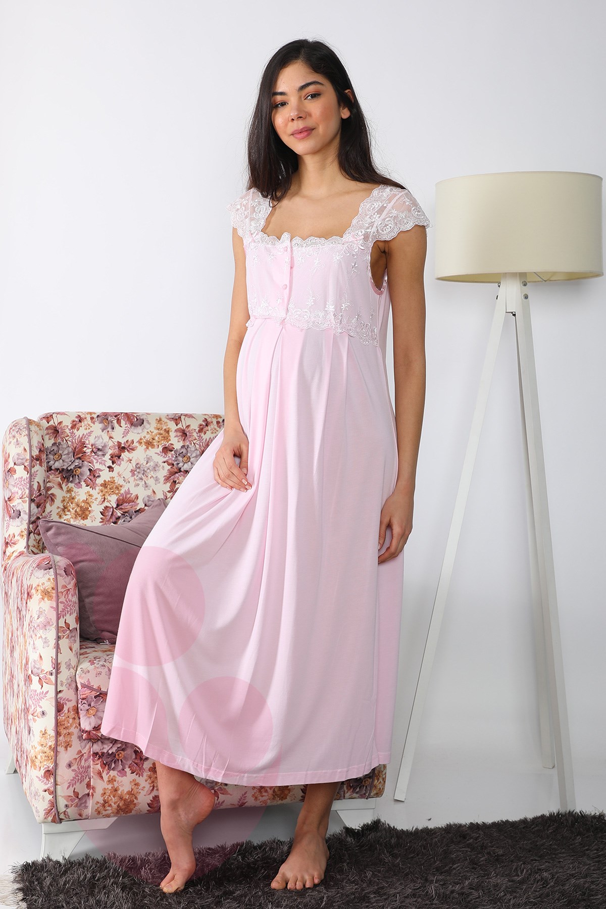 Lohusa Hamile 2502 Pembe Uzun Sabahlıklı Lohusa Gecelik Takımı