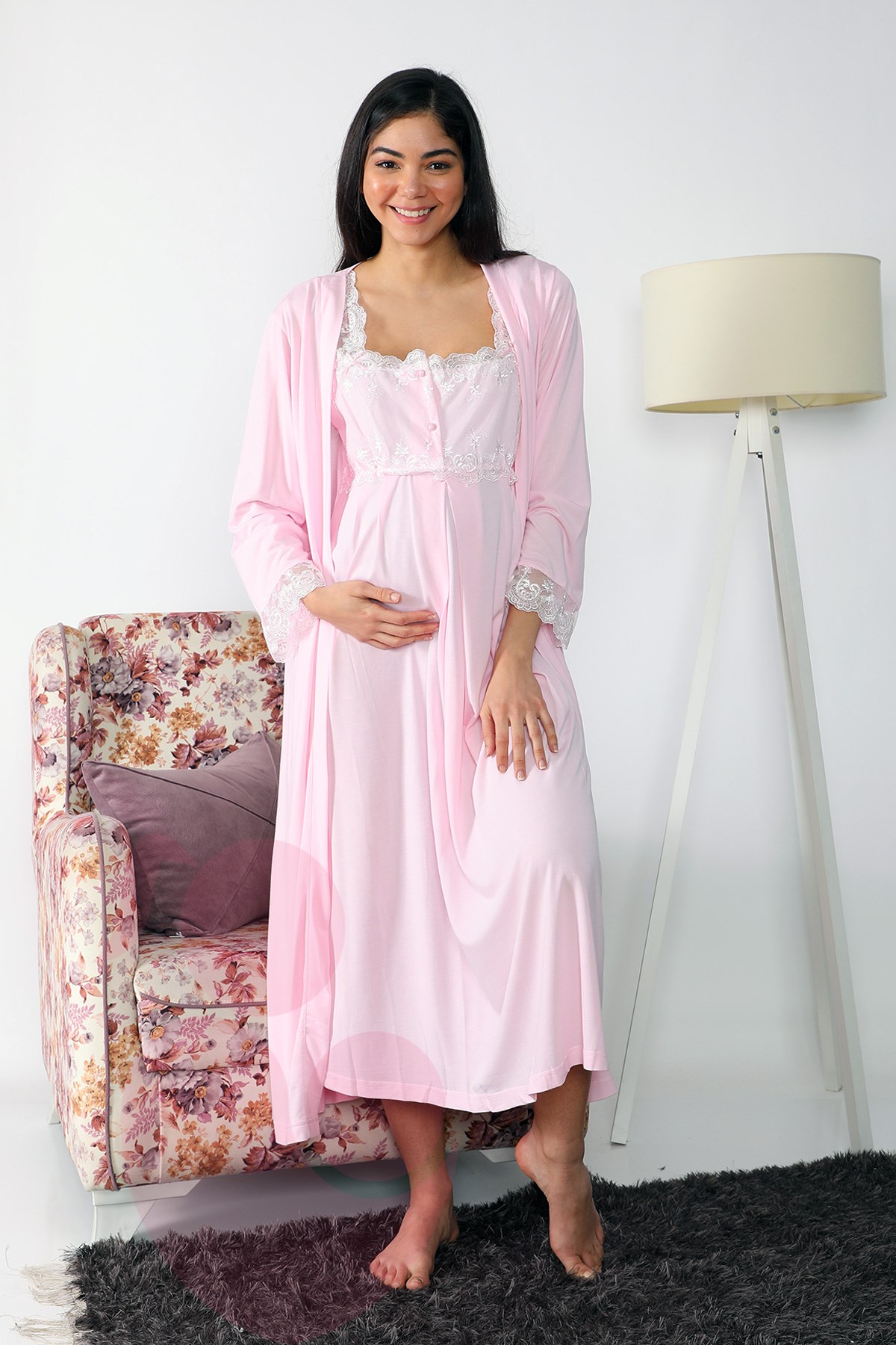 Lohusa Hamile 2502 Pembe Uzun Sabahlıklı Lohusa Gecelik Takımı