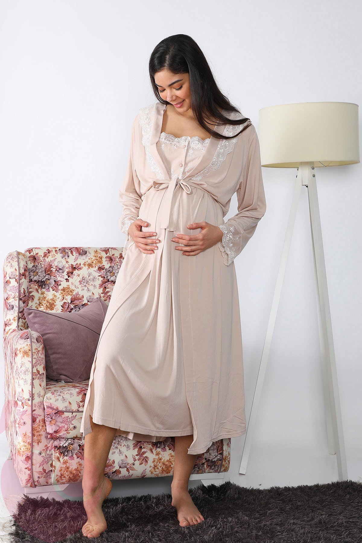 Lohusa Hamile 2502 Sütlü Kahve Uzun Sabahlıklı Lohusa Gecelik Takımı