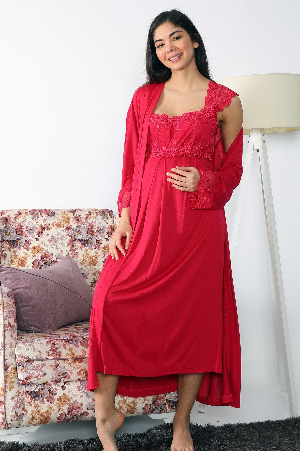 Lohusa Hamile 2502 Cherry Red Maternity Nightgown with Long Robe Set