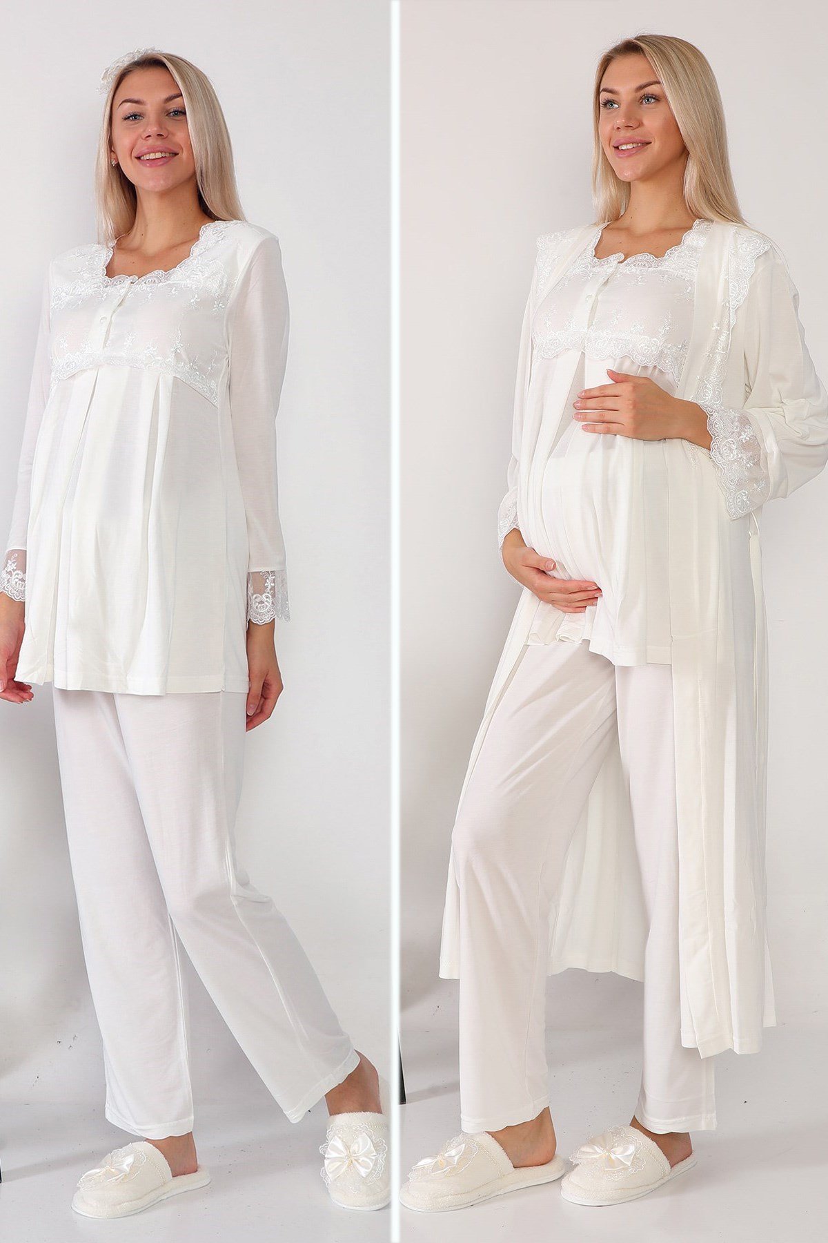 Lohusa Hamile 2601 Ekru Uzun Sabahlıklı Lohusa Pijama