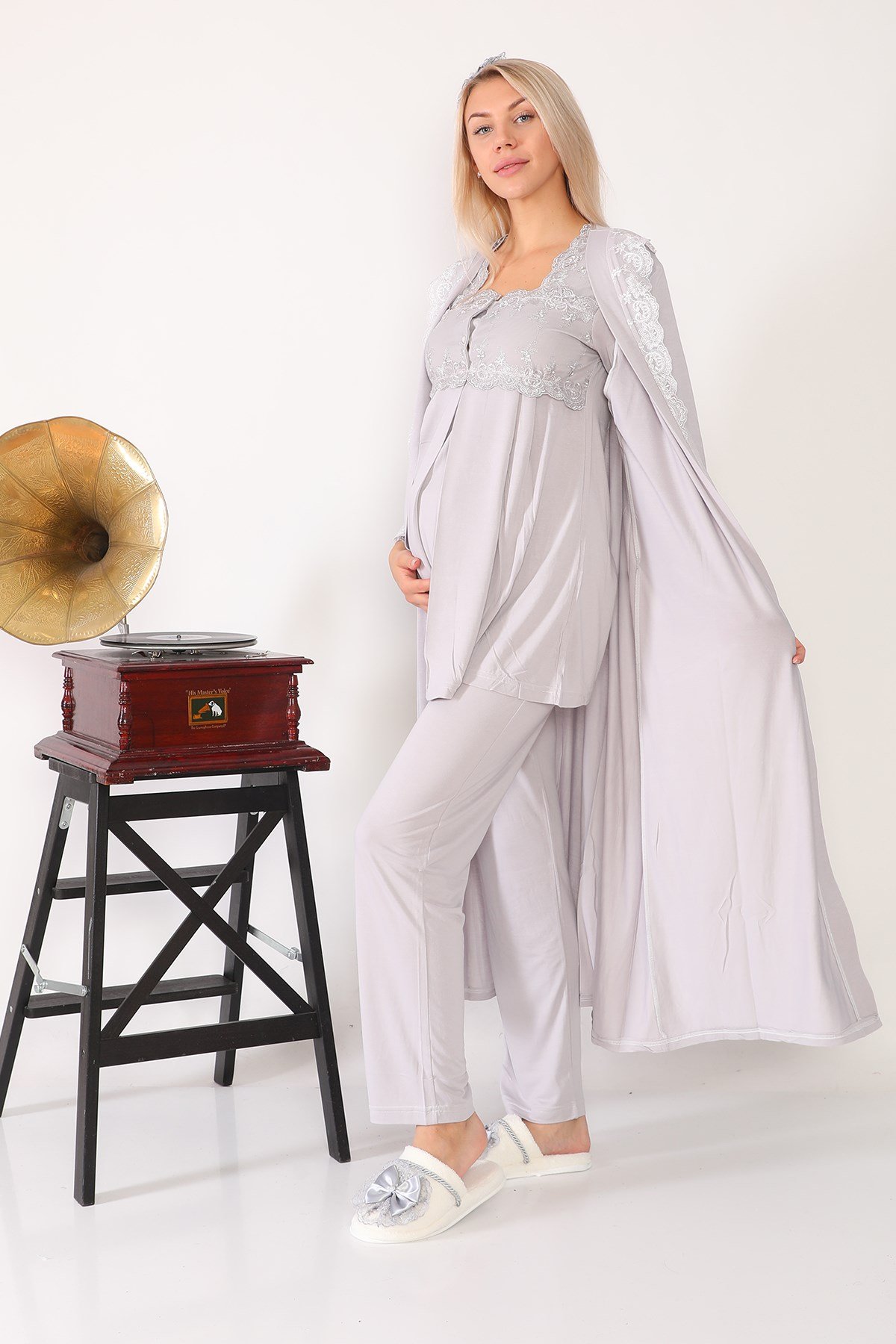 Lohusa Hamile 2601 Gri Uzun Sabahlıklı Lohusa Pijama