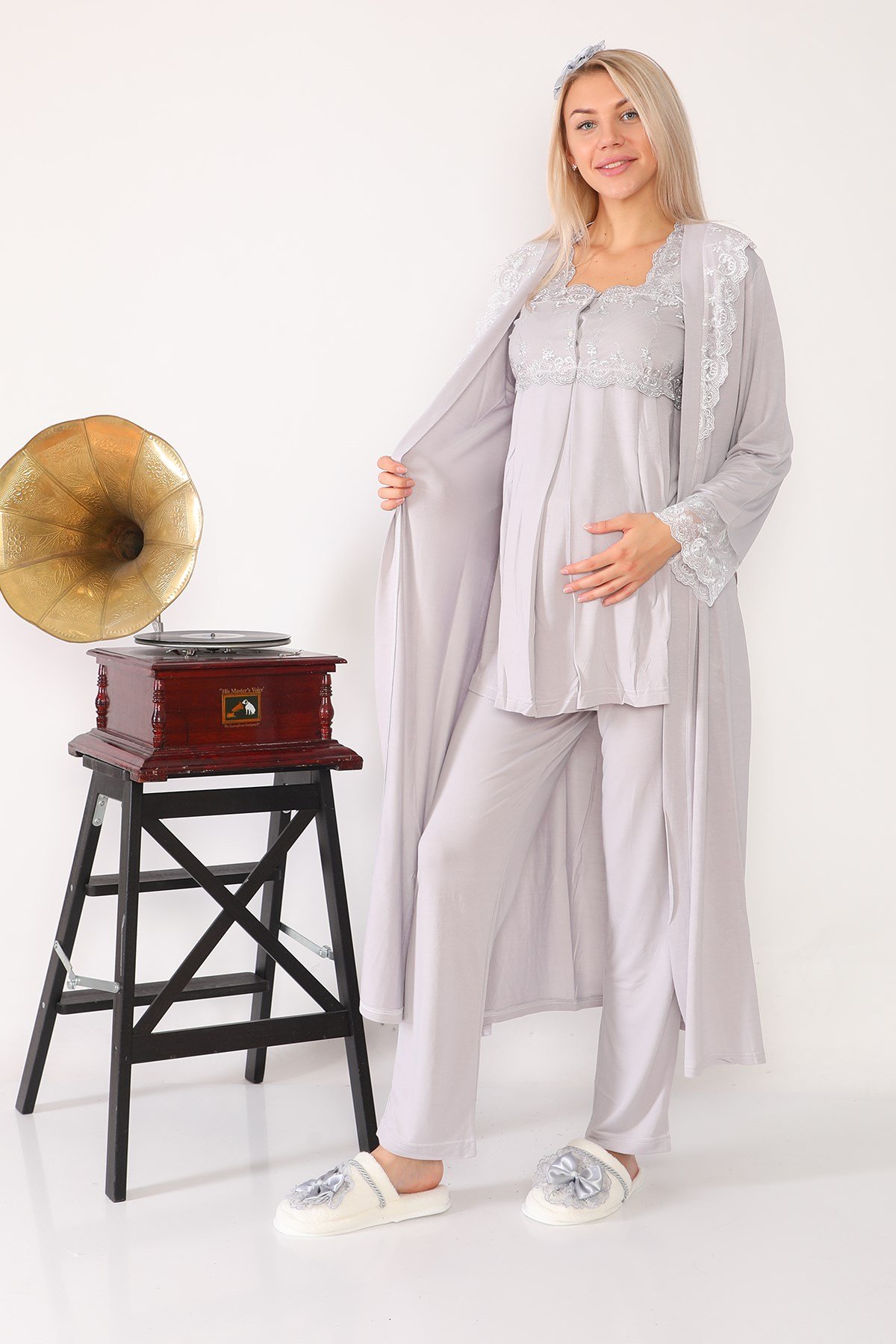 Lohusa Hamile 2601 Gri Uzun Sabahlıklı Lohusa Pijama