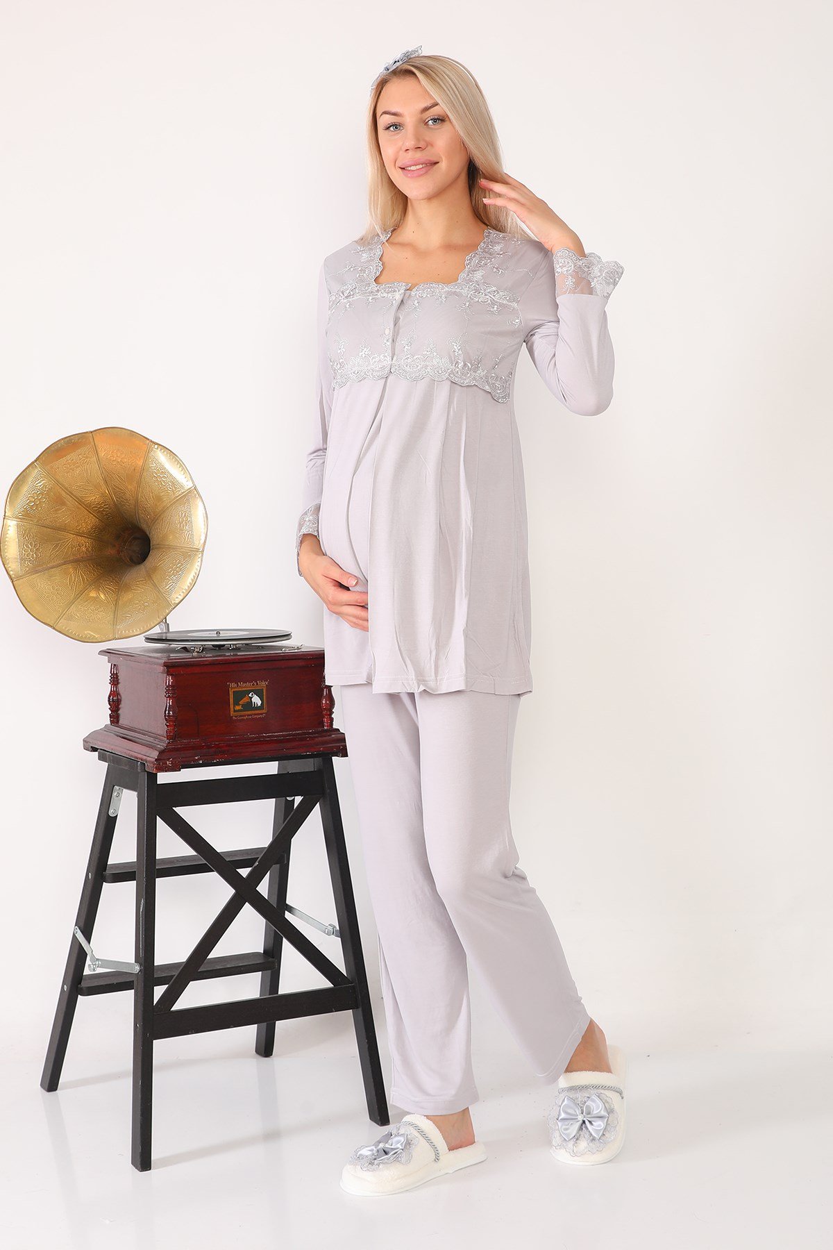Lohusa Hamile 2601 Gri Uzun Sabahlıklı Lohusa Pijama