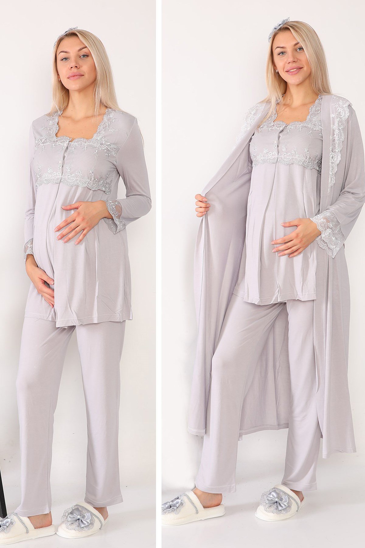 Lohusa Hamile 2601 Gri Uzun Sabahlıklı Lohusa Pijama