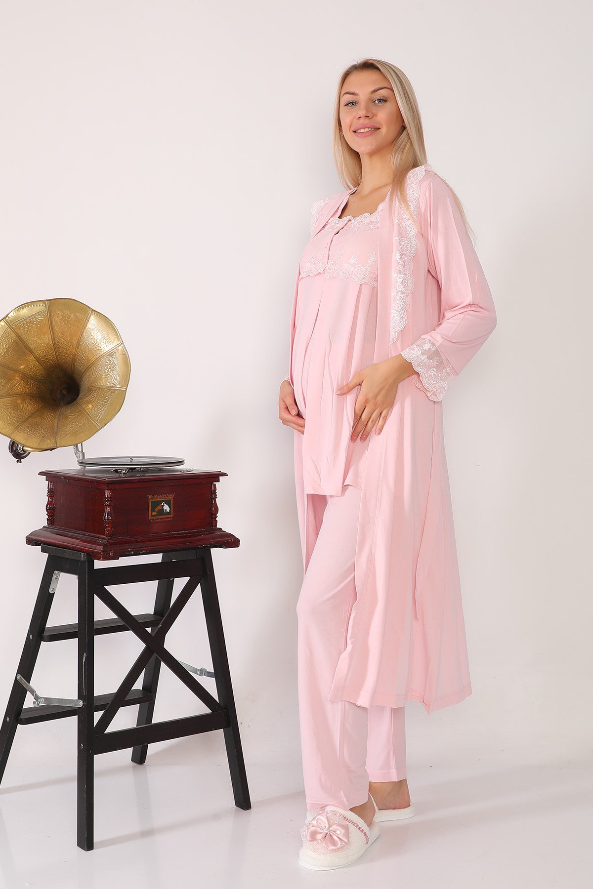 Lohusa Hamile 2601 Pembe Uzun Sabahlıklı Lohusa Pijama