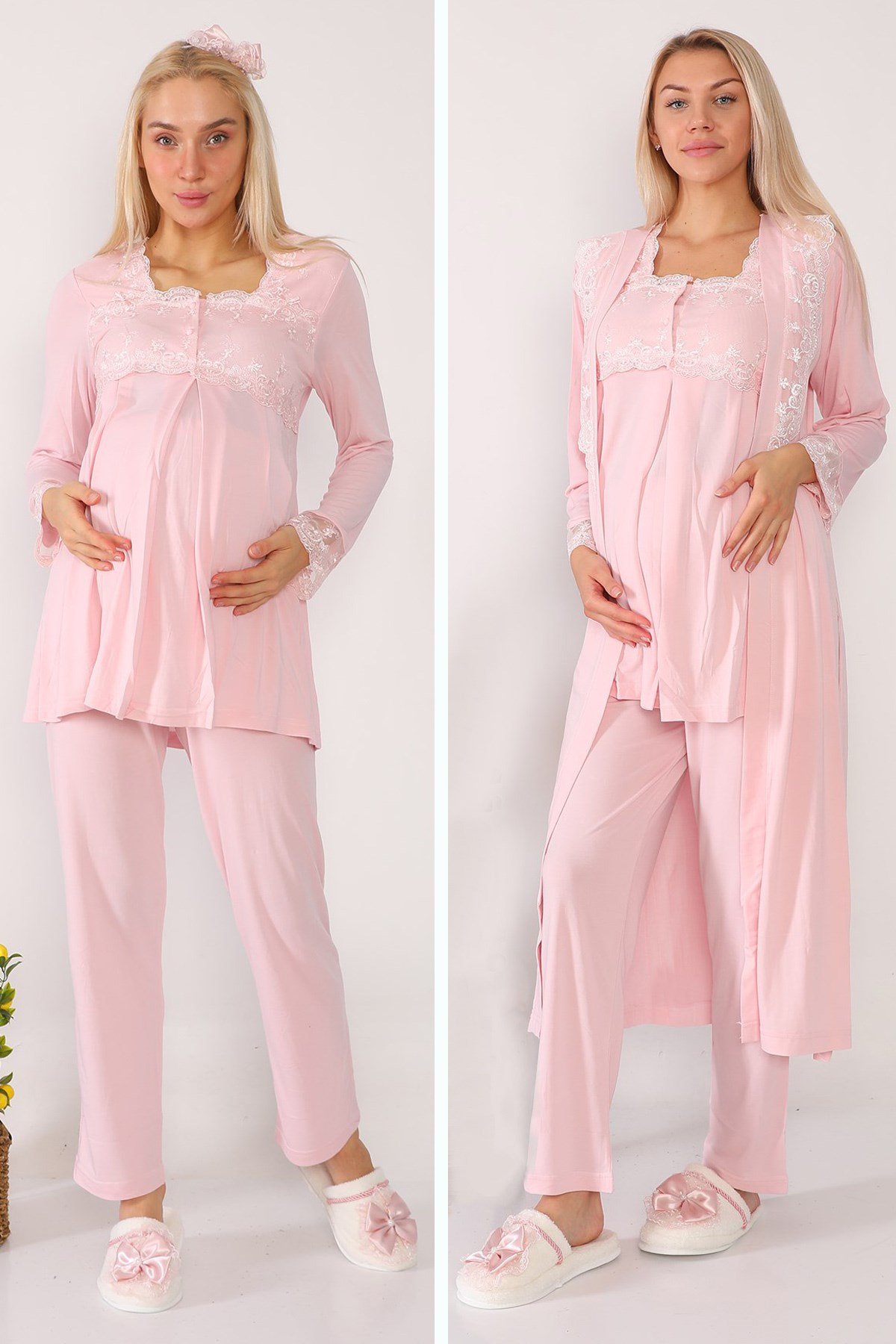 Lohusa Hamile 2601 Pembe Uzun Sabahlıklı Lohusa Pijama