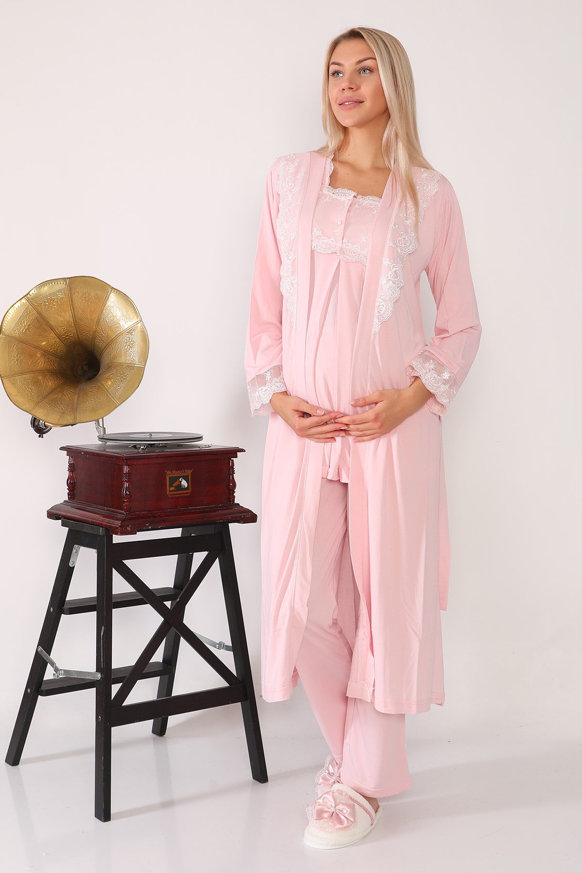 Lohusa Hamile 2601 Pembe Uzun Sabahlıklı Lohusa Pijama