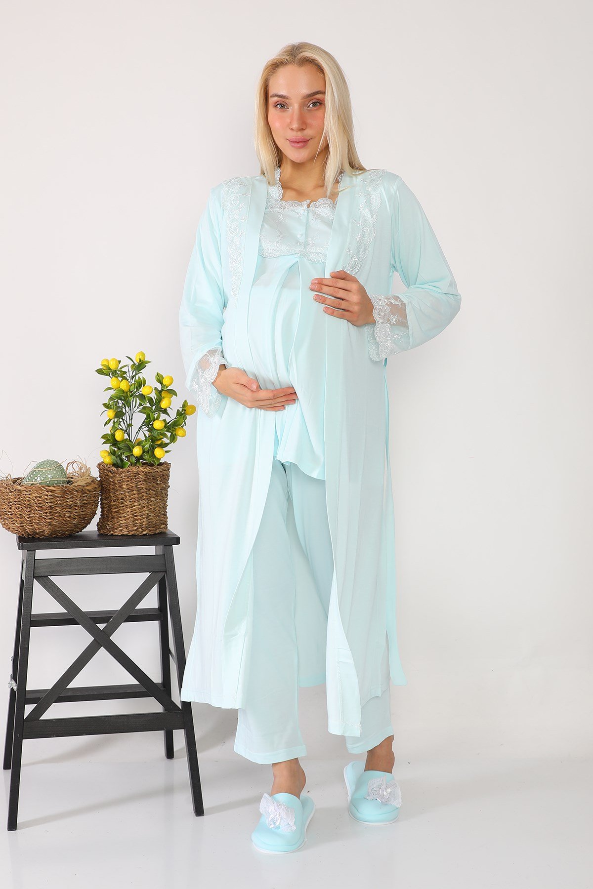 Lohusa Hamile 2601 Turkuaz Uzun Sabahlıklı Lohusa Pijama