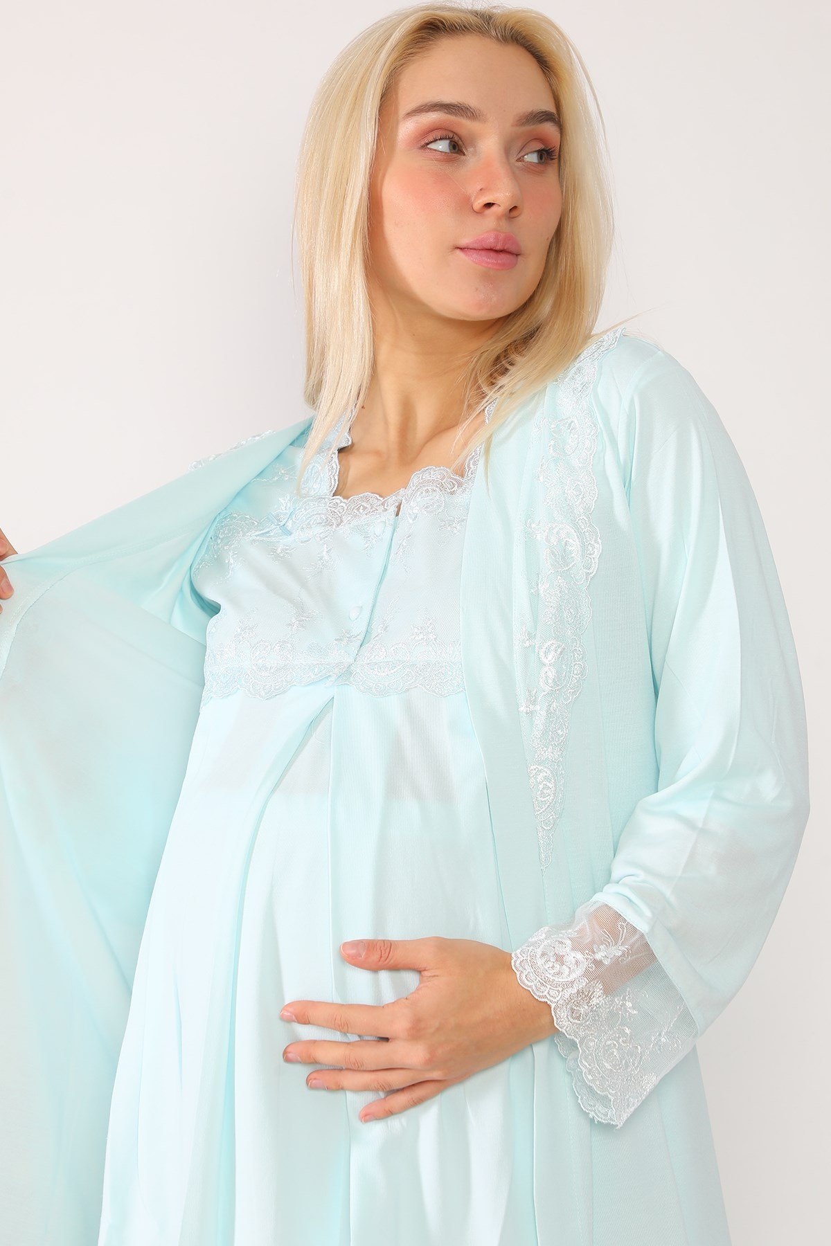 Lohusa Hamile 2601 Turkuaz Uzun Sabahlıklı Lohusa Pijama