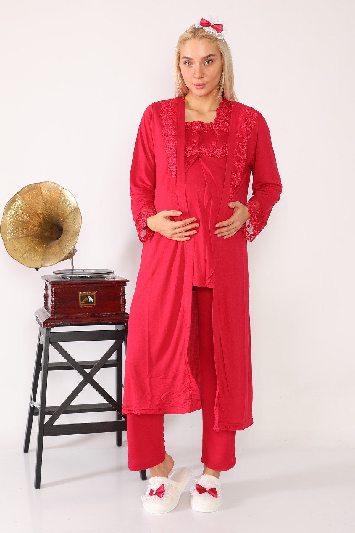 Lohusa Hamile 2601 Vişne Uzun Sabahlıklı Lohusa Pijama