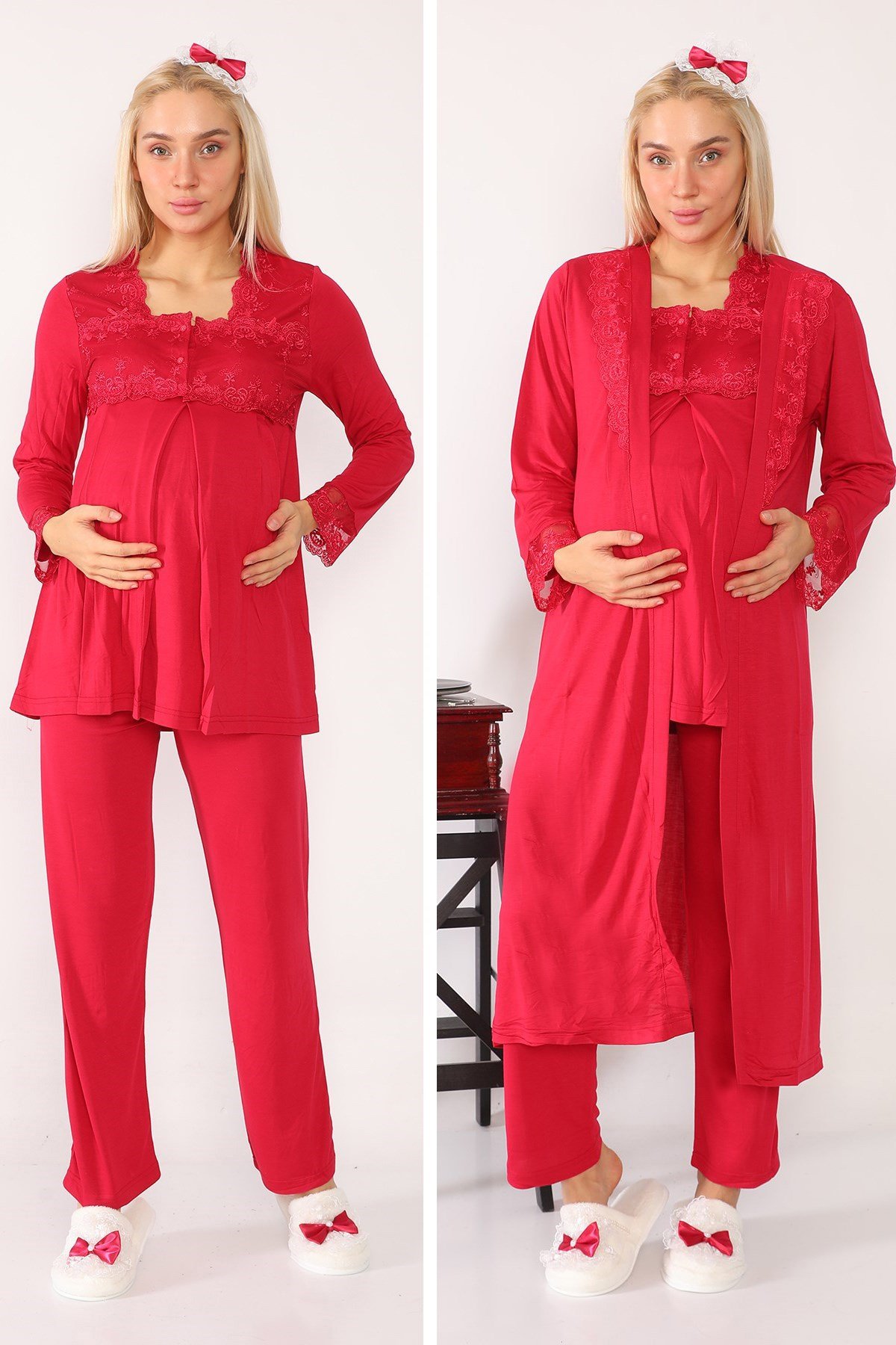 Lohusa Hamile 2601 Vişne Uzun Sabahlıklı Lohusa Pijama