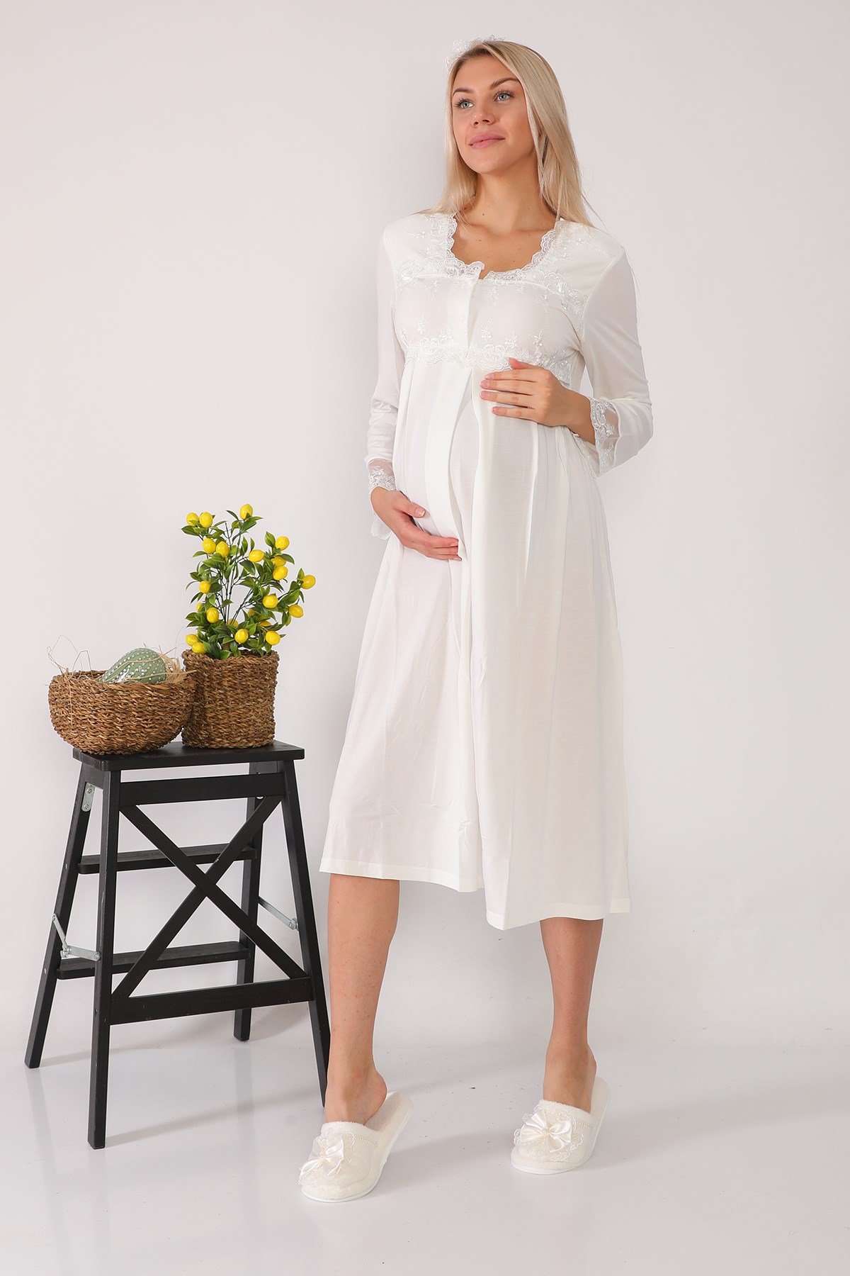 Lohusa Hamile 2602 Ekru Uzun Sabahlıklı Lohusa Gecelik Takımı