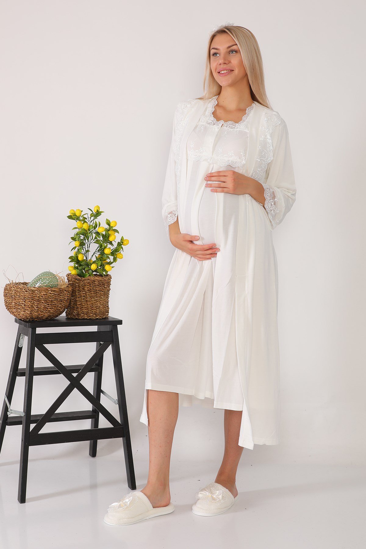 Lohusa Hamile 2602 Ekru Uzun Sabahlıklı Lohusa Gecelik Takımı