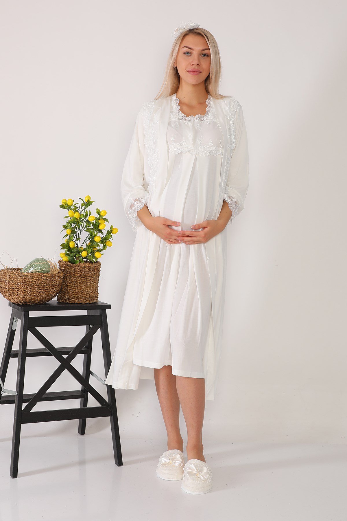 Lohusa Hamile 2602 Ekru Uzun Sabahlıklı Lohusa Gecelik Takımı