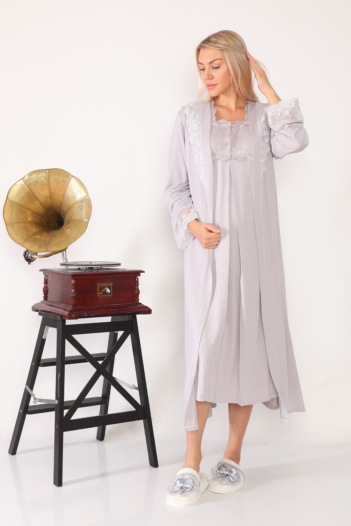 Lohusa Hamile 2602 Gri Uzun Sabahlıklı Lohusa Gecelik Takımı