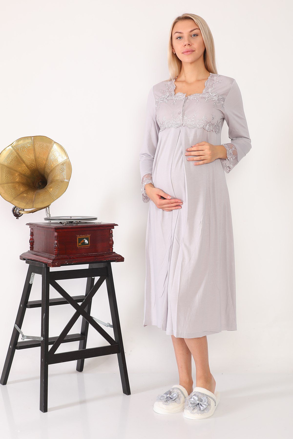 Lohusa Hamile 2602 Gri Uzun Sabahlıklı Lohusa Gecelik Takımı