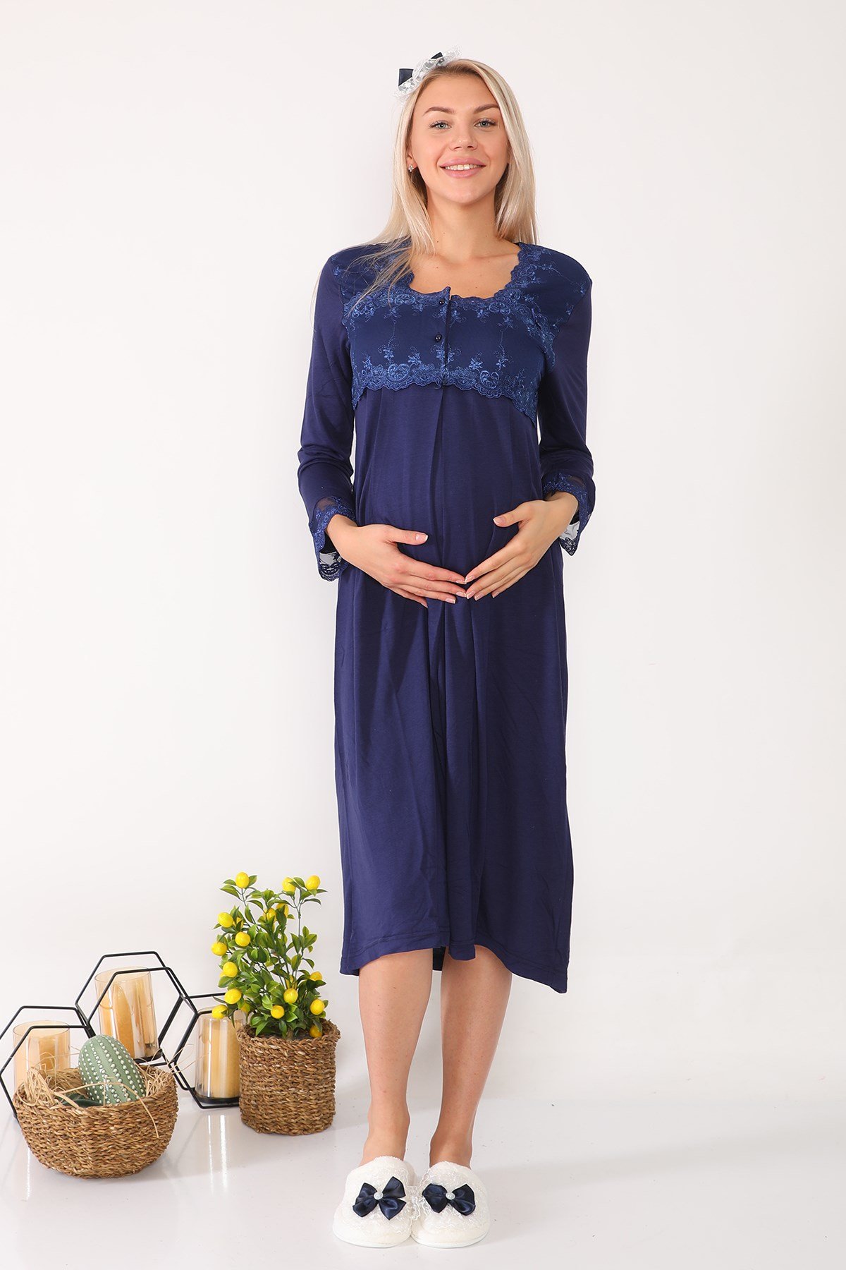 Lohusa Hamile 2602 Lacivert Uzun Sabahlıklı Lohusa Gecelik Takımı