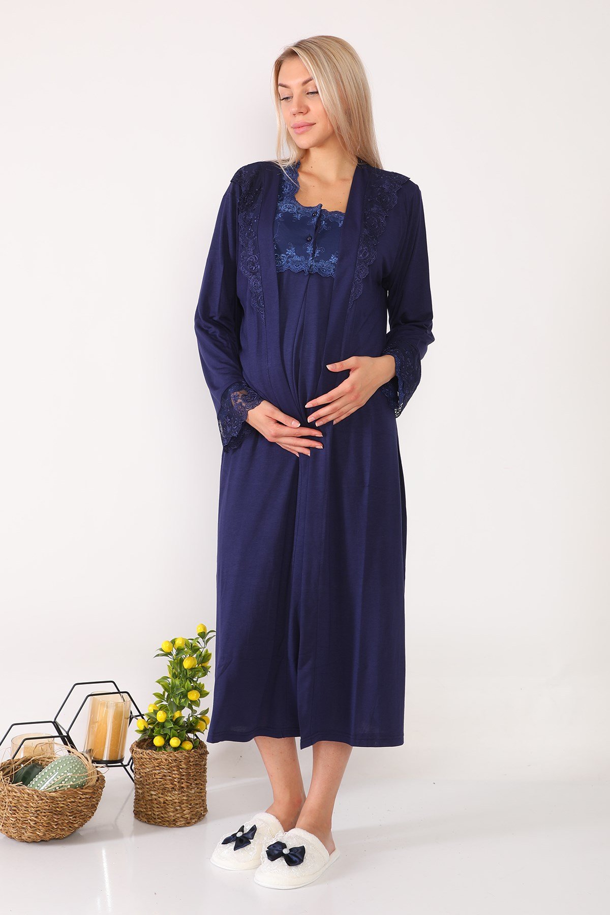 Lohusa Hamile 2602 Lacivert Uzun Sabahlıklı Lohusa Gecelik Takımı